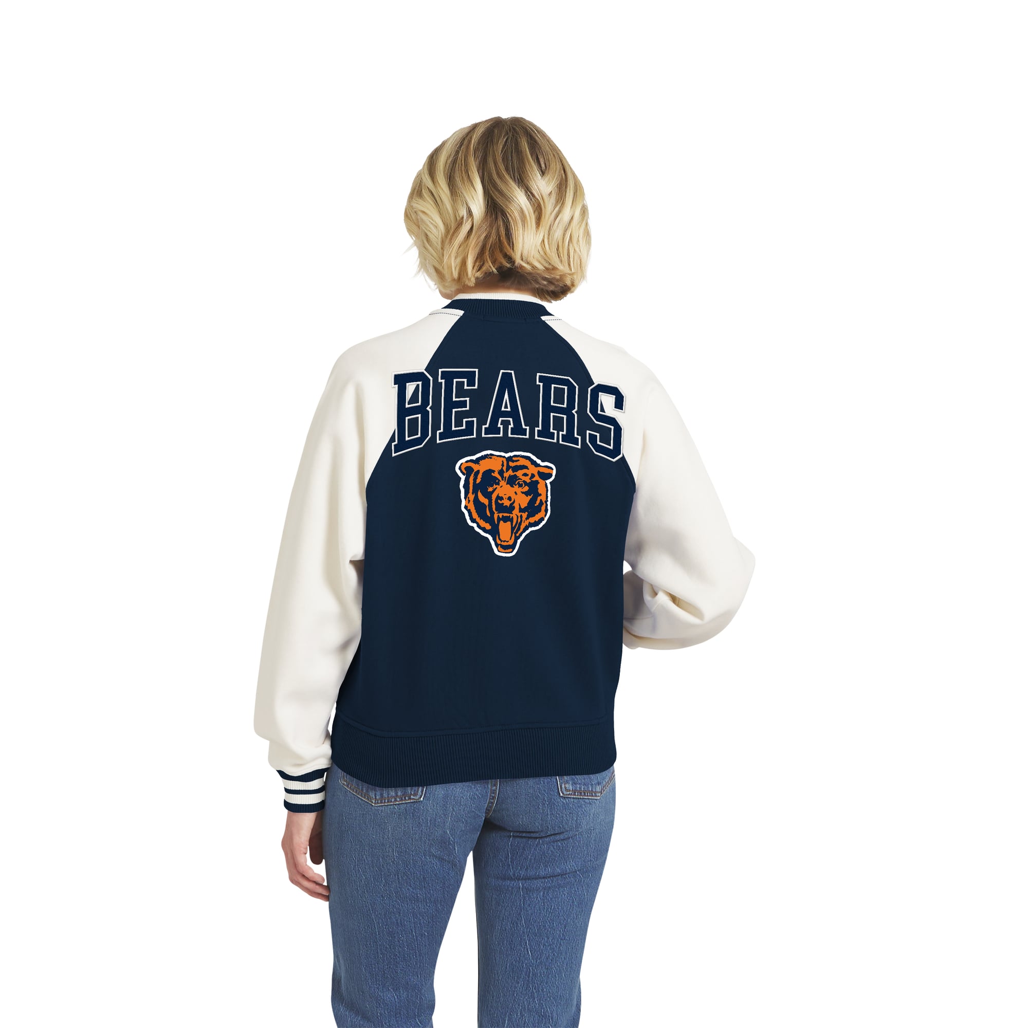 Women's WEAR by Erin Andrews Navy Chicago Bears Throwback Varsity Fleece Raglan Full-Zip Jacket