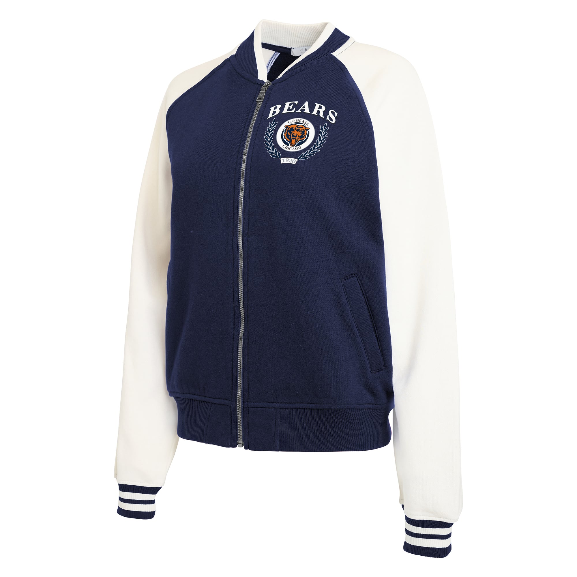 Women's WEAR by Erin Andrews Navy Chicago Bears Throwback Varsity Fleece Raglan Full-Zip Jacket