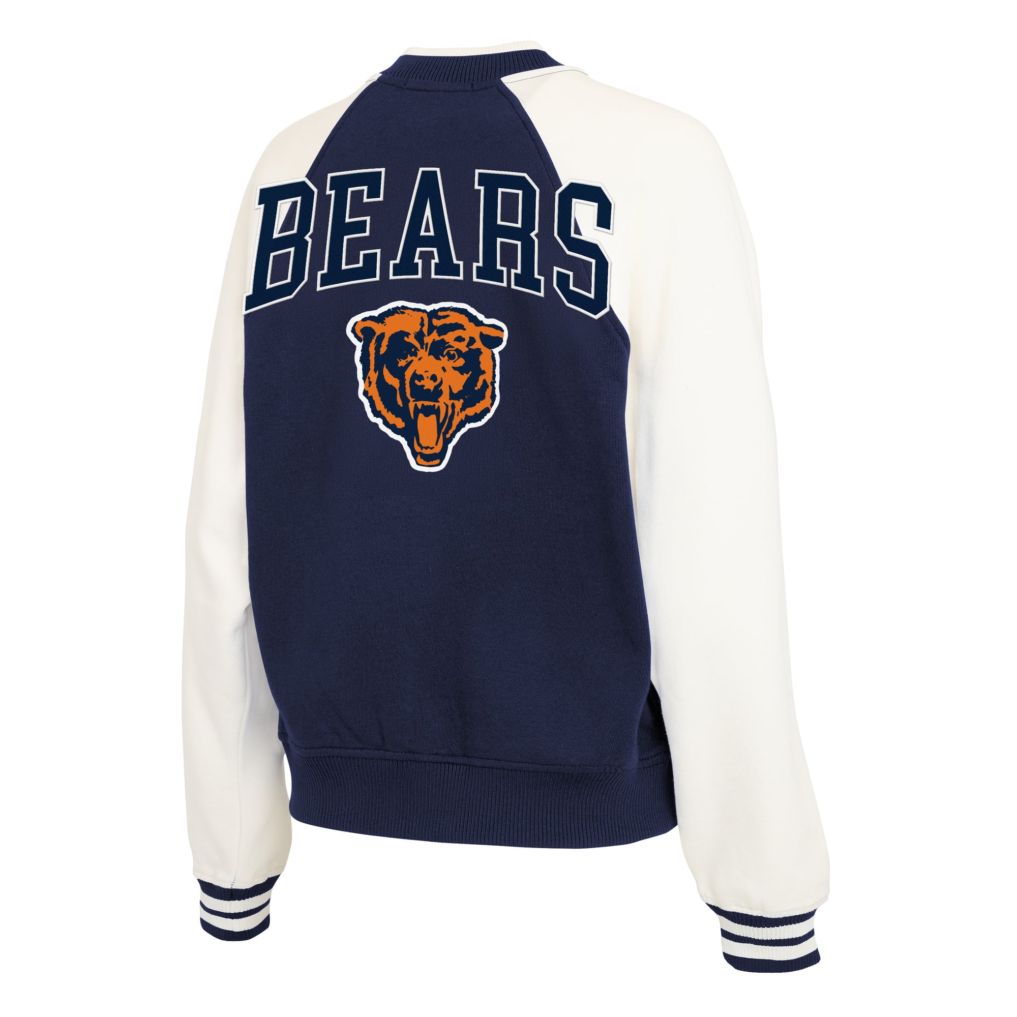 Women's WEAR by Erin Andrews Navy Chicago Bears Throwback Varsity Fleece Raglan Full-Zip Jacket
