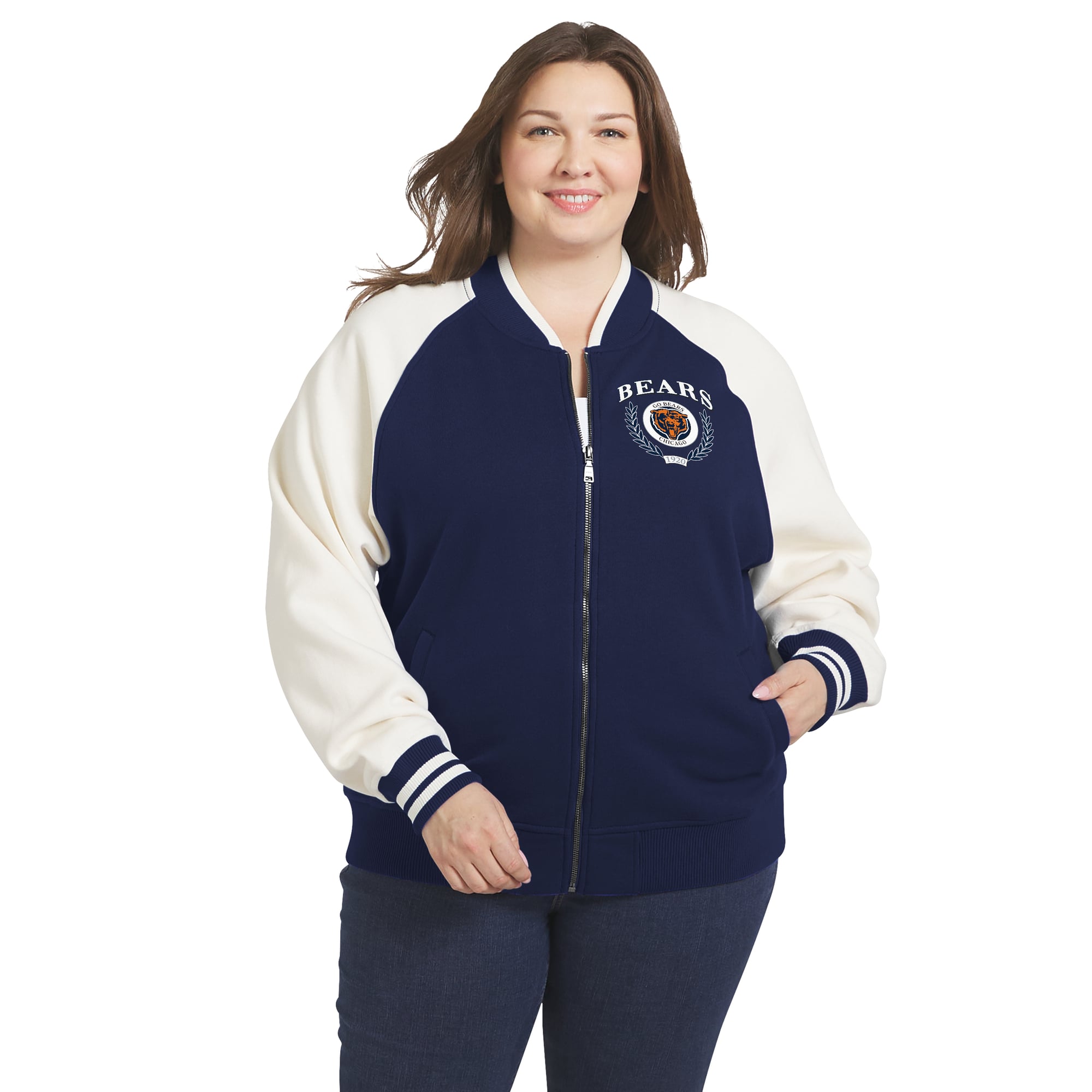 Women's WEAR by Erin Andrews Navy/White Chicago Bears Throwback Plus Fleece Varsity Full-Zip Jacket