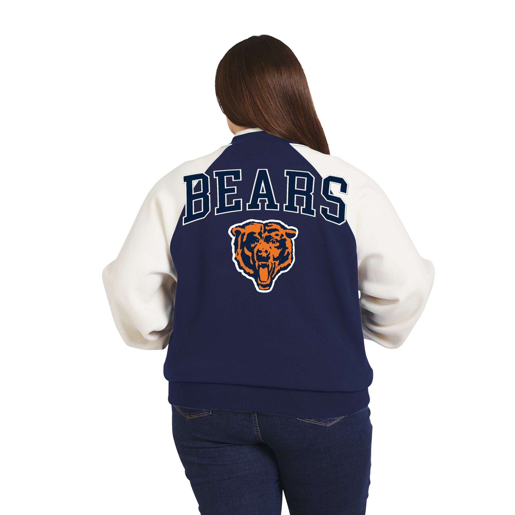 Women's WEAR by Erin Andrews Navy/White Chicago Bears Throwback Plus Fleece Varsity Full-Zip Jacket