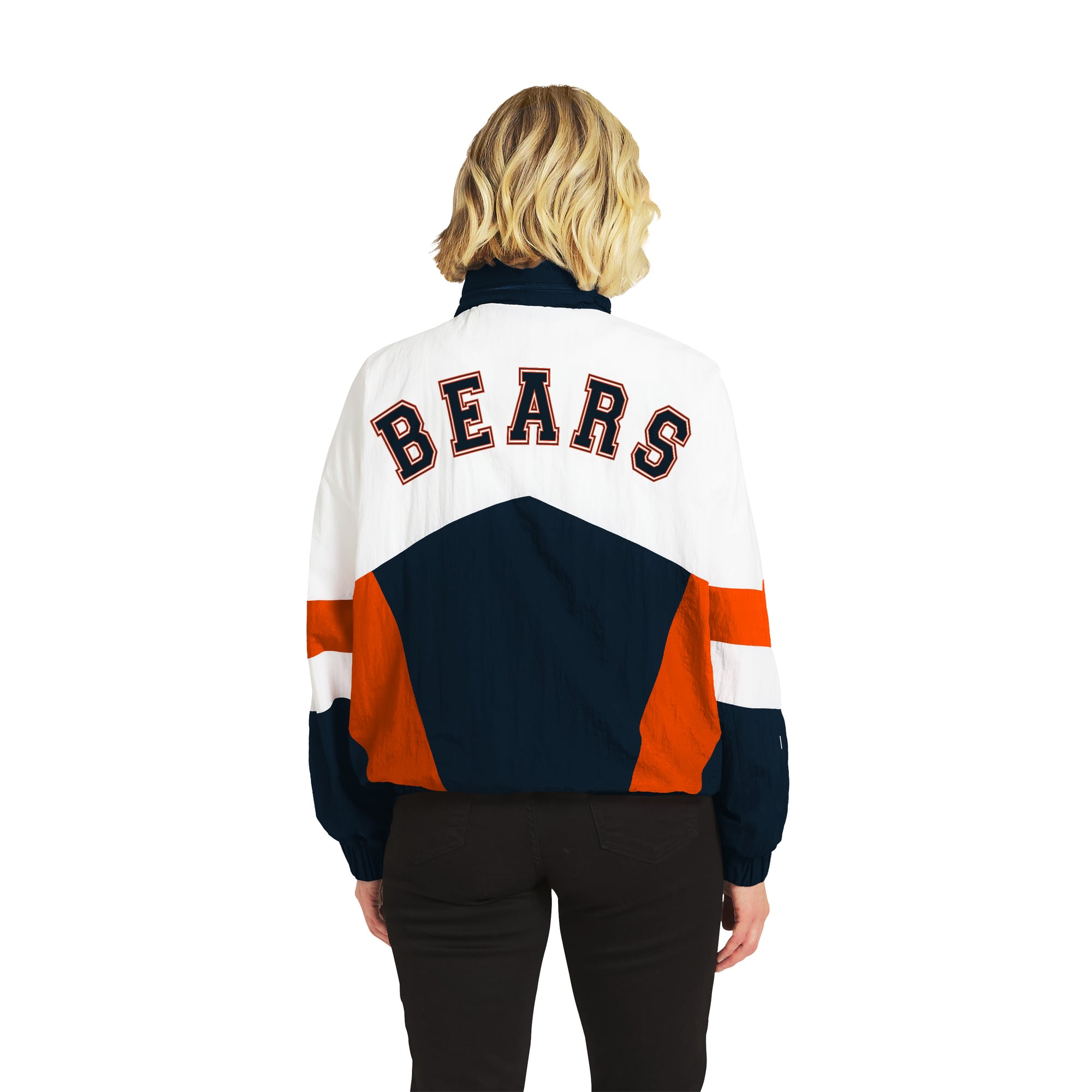 Women's WEAR by Erin Andrews  White/Navy Chicago Bears Crinkle Full-Snap Hooded Windbreaker Jacket