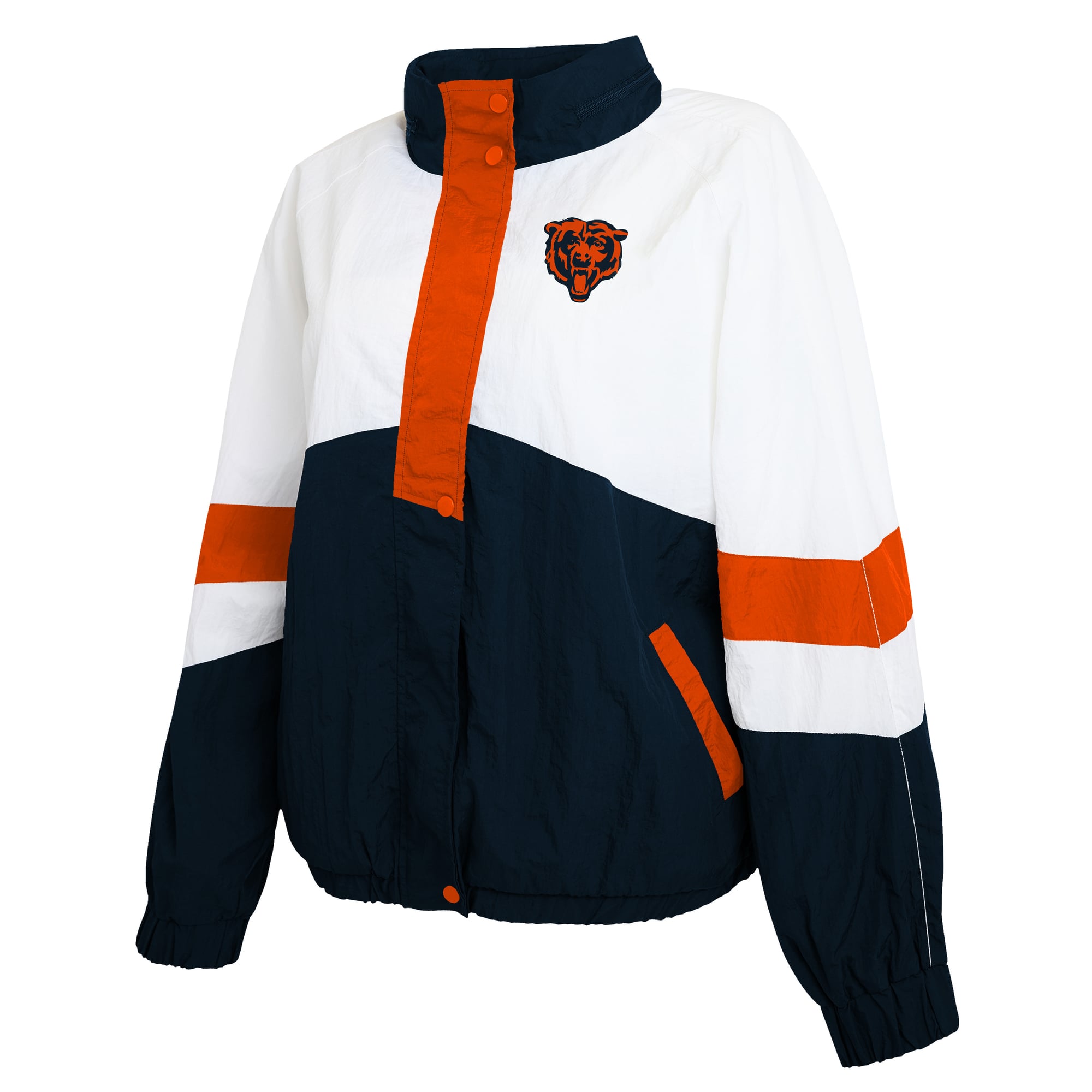 Women's WEAR by Erin Andrews  White/Navy Chicago Bears Crinkle Full-Snap Hooded Windbreaker Jacket