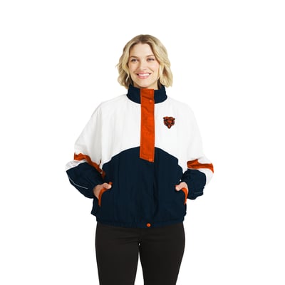  Chicago Bears WEAR by Erin Andrews Women's Crinkle Full-Snap Hooded Windbreaker Jacket - White/Navy