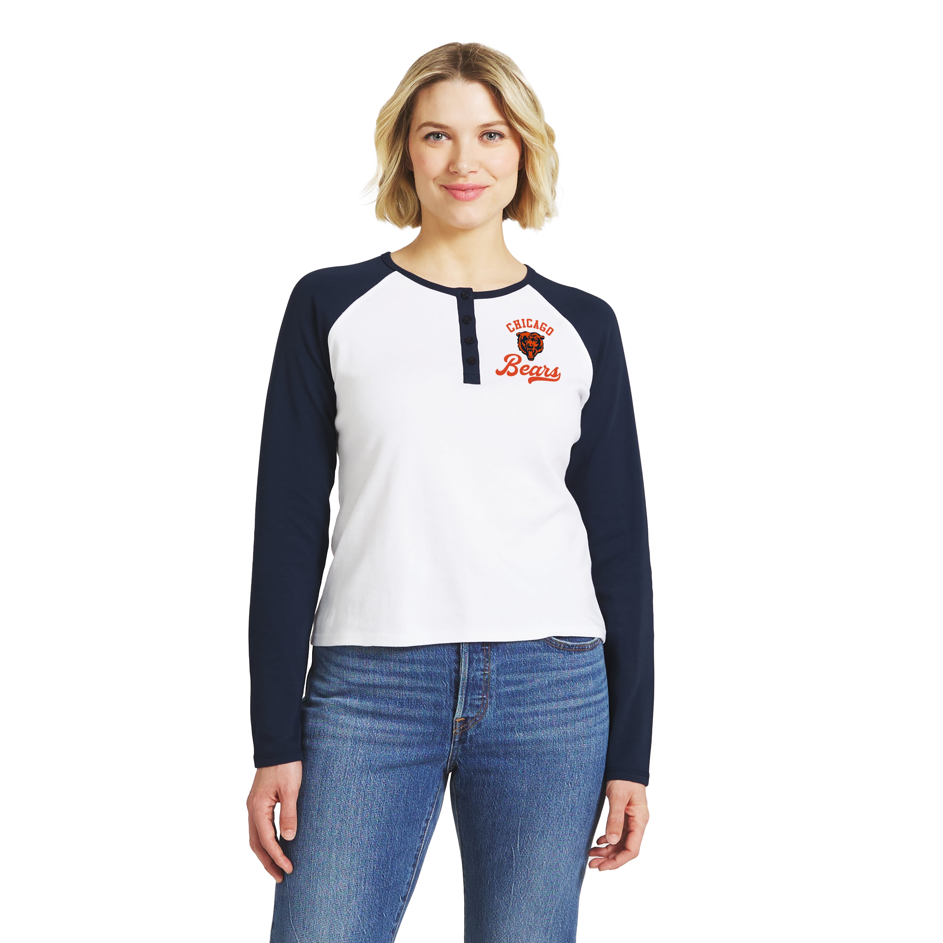 Women's WEAR by Erin Andrews White/Navy Chicago Bears Henley Long Sleeve Raglan T-Shirt