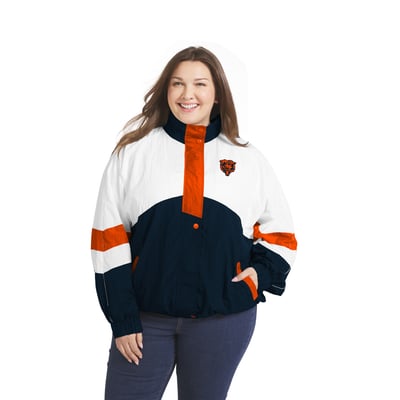  Chicago Bears WEAR by Erin Andrews Women's Plus Size Crinkle Full-Snap Hooded Windbreaker - White/Navy