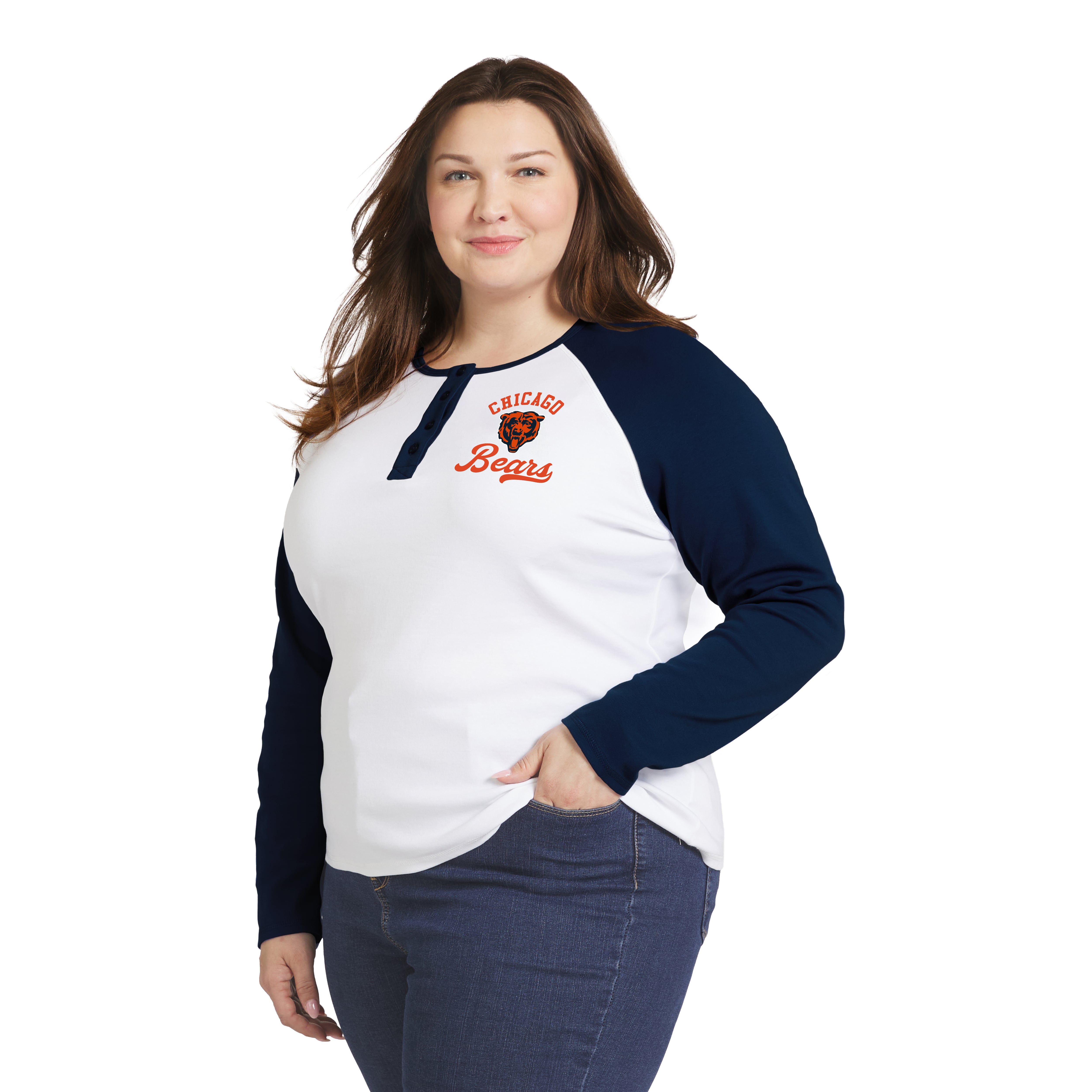 Women's WEAR by Erin Andrews White/Navy Chicago Bears Plus Henley Long Sleeve Raglan T-Shirt