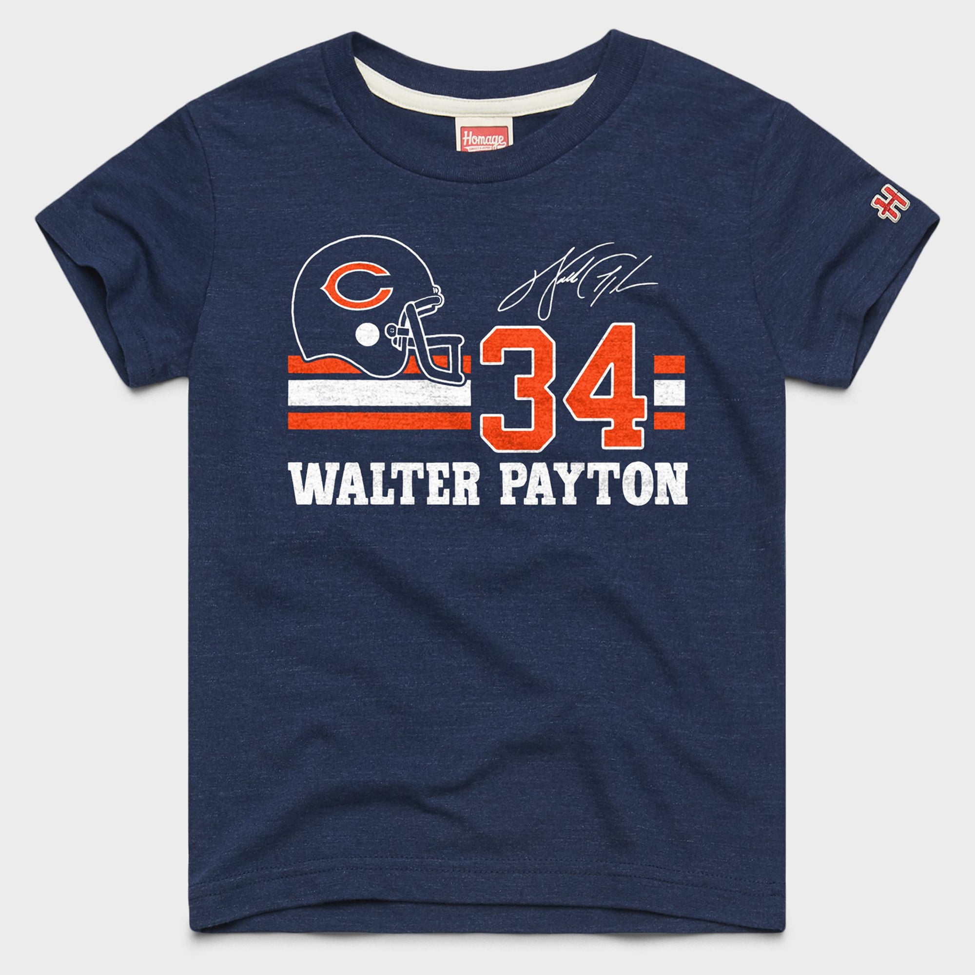 T-shirt jeune hommage à Walter Payton, bleu marine, Chicago Bears, remix signature, mélange de trois matières