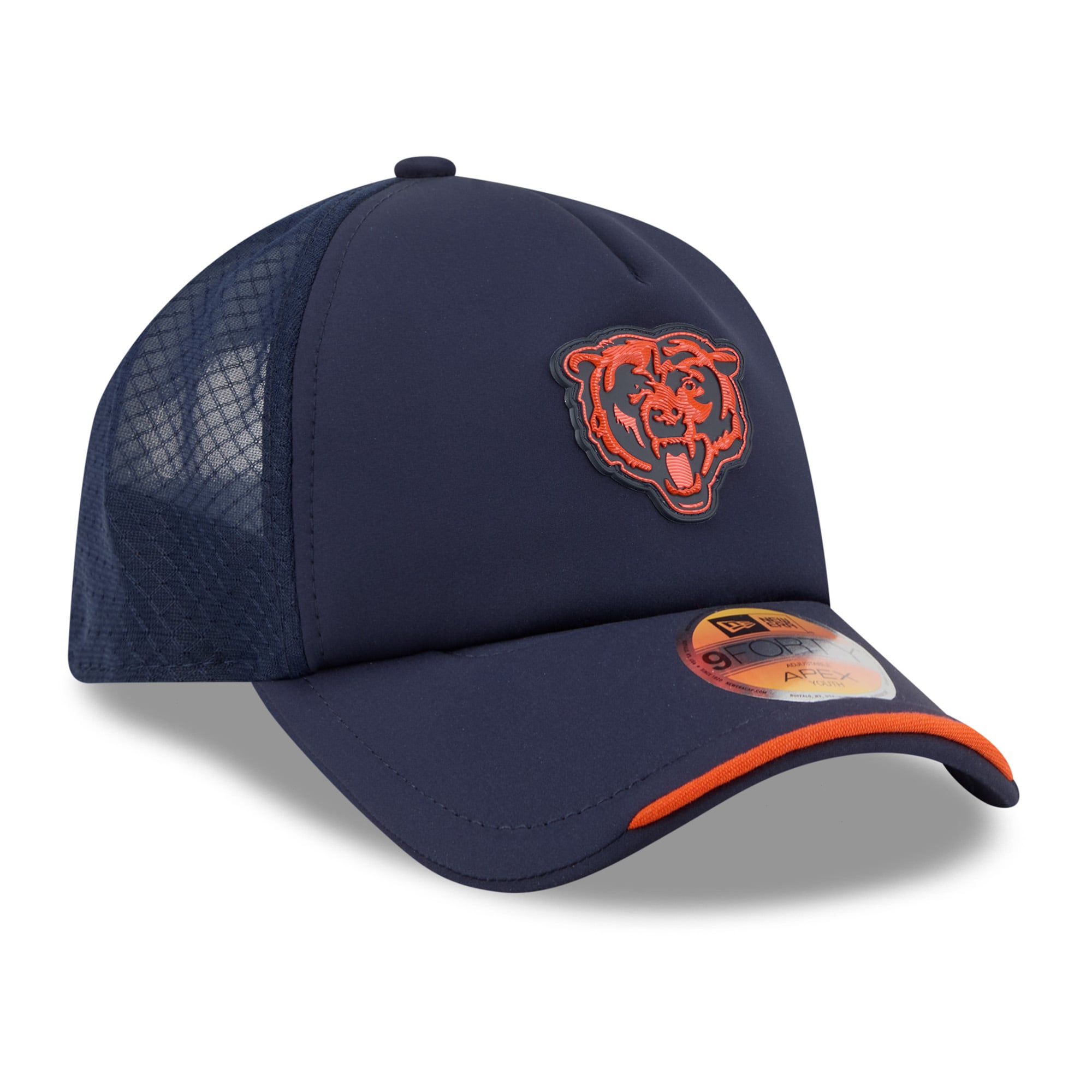 Youth New Era Navy Chicago Bears 2026 Sideline Apex 9FORTY Adjustable Trucker Hat
