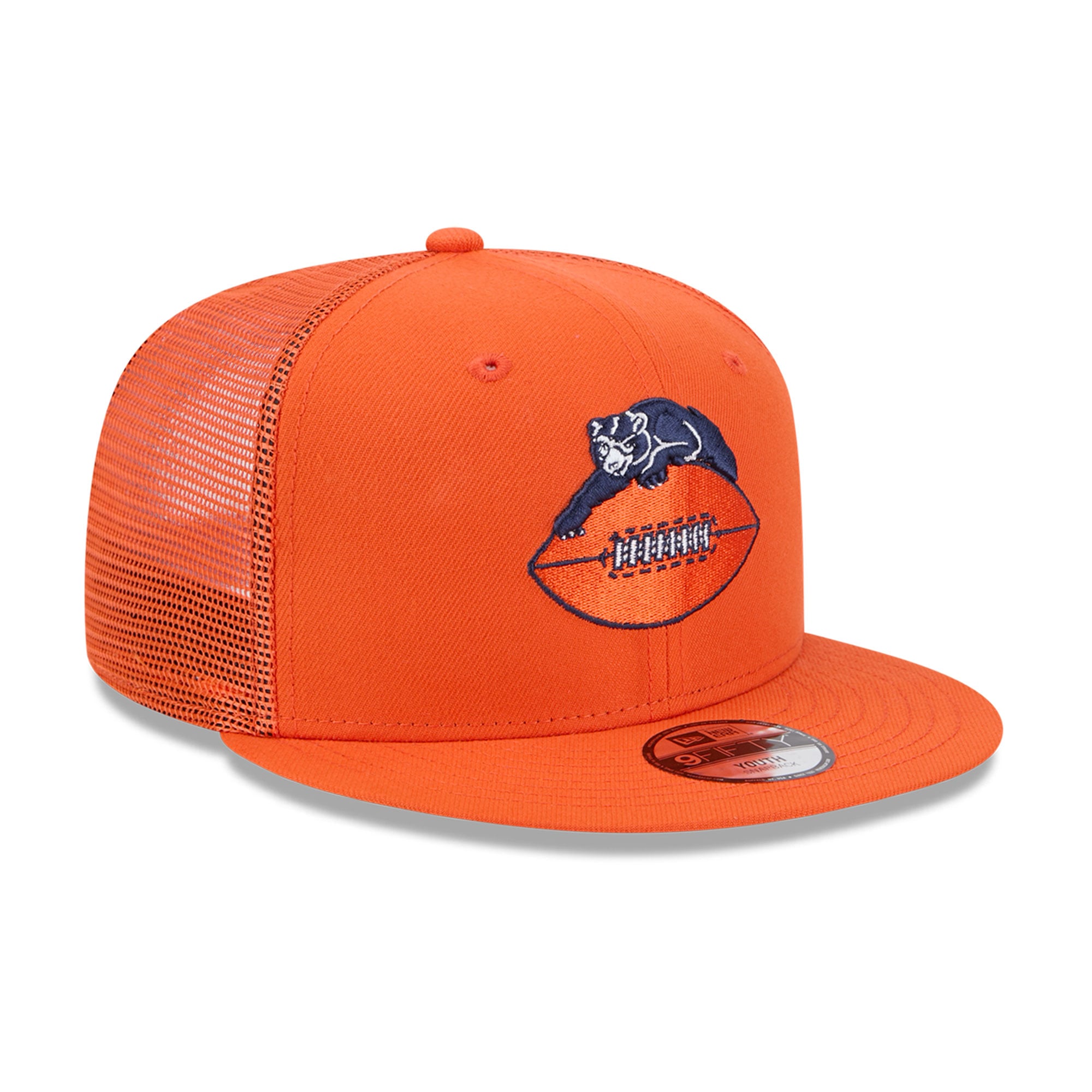 Casquette trucker New Era orange Chicago Bears pour jeunes (modèle rétro 9FIFTY).