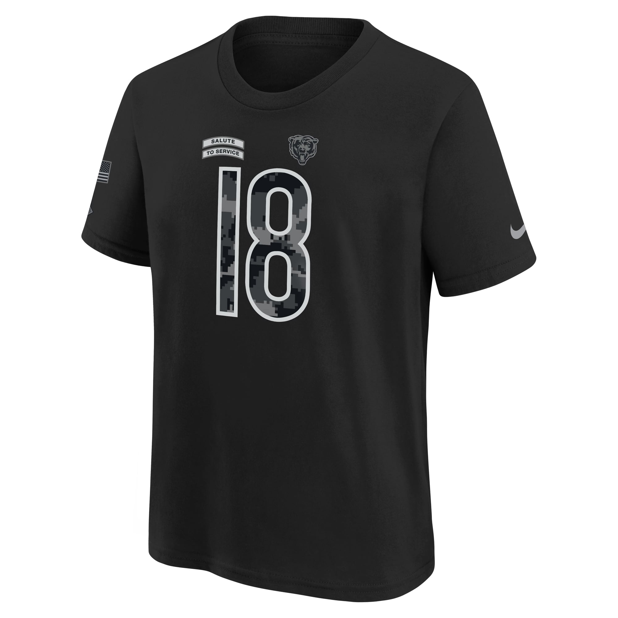 T-shirt Nike Caleb Williams noir Chicago Bears 2026 Salute to Service pour jeunes, nom et numéro