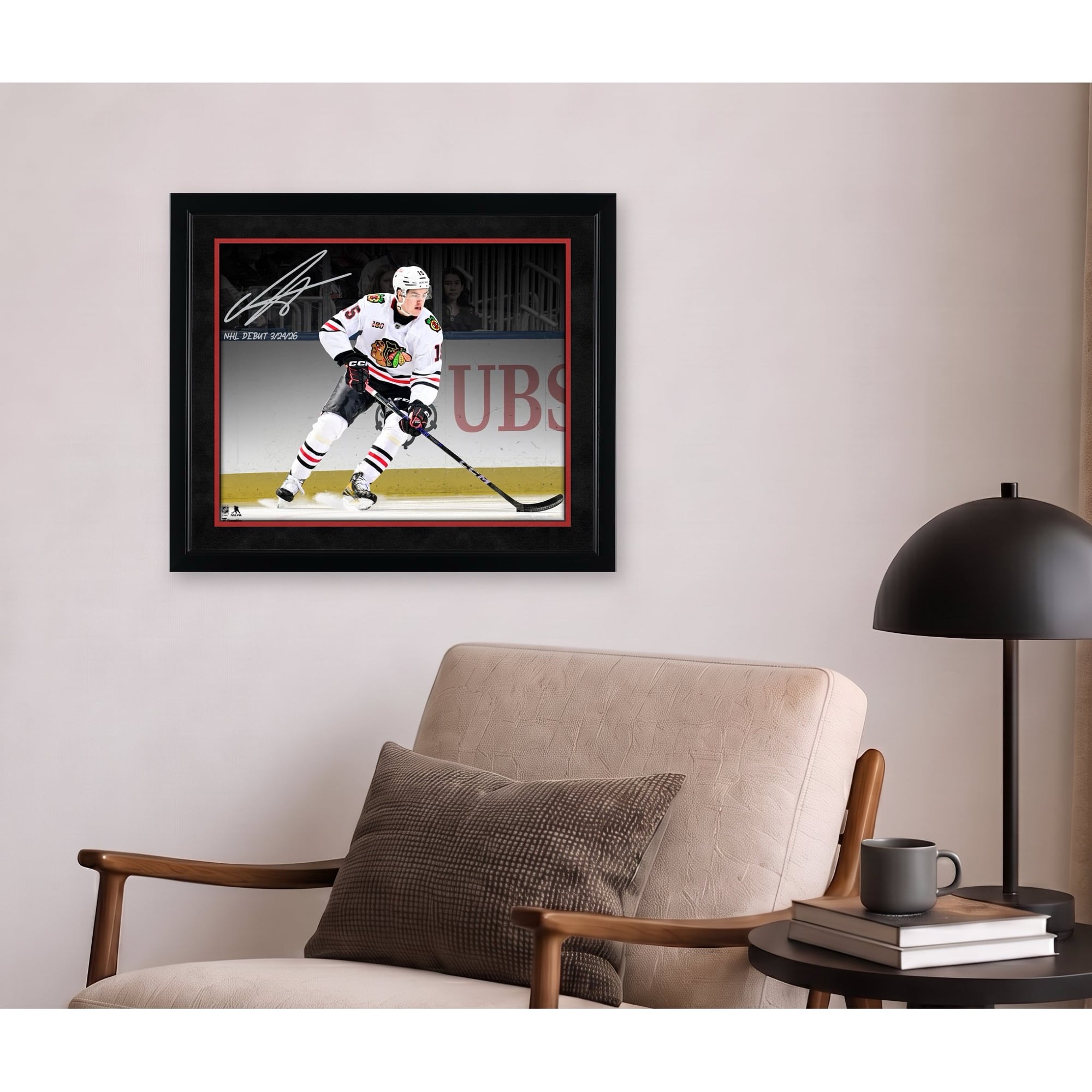 Anton Frondell Chicago Blackhawks Autographed 16" x 20" NHL Debut Spotlight Photograph with "NHL Debut 3/24/26" Inscription