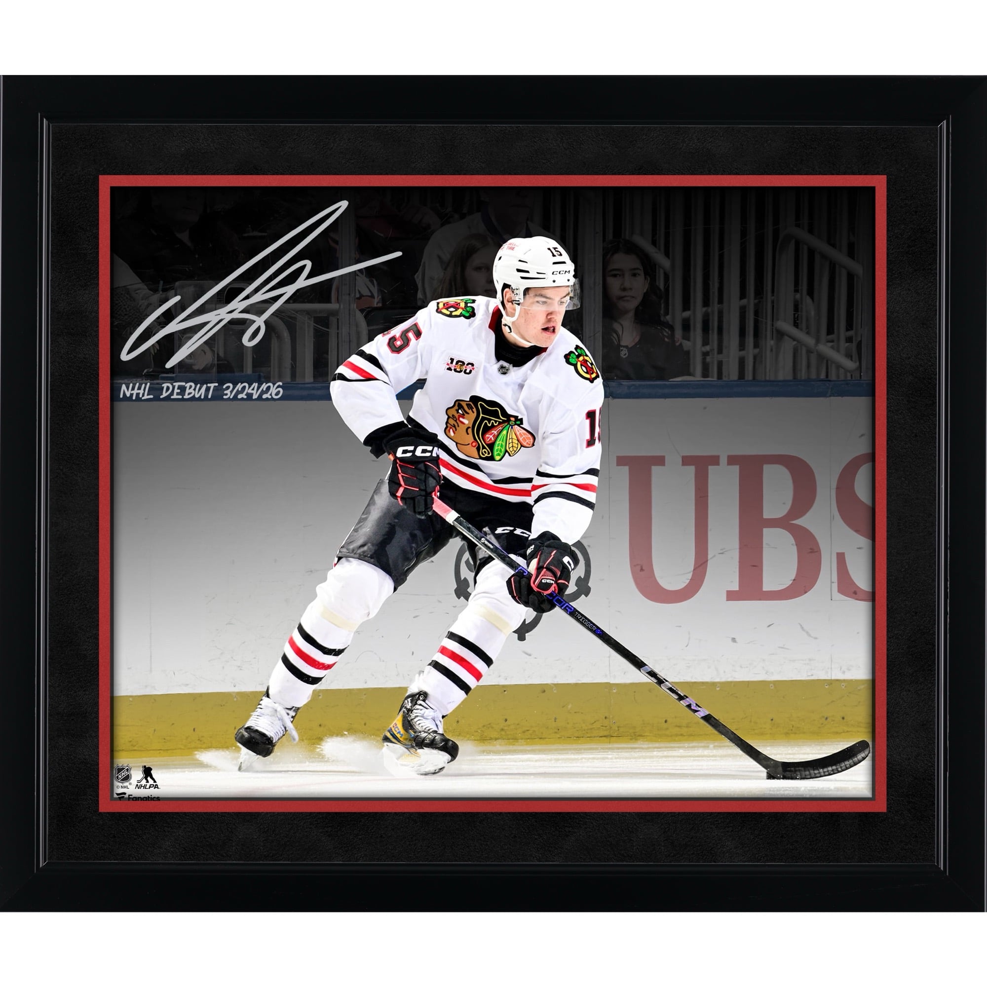 Anton Frondell Chicago Blackhawks Autographed 16" x 20" NHL Debut Spotlight Photograph with "NHL Debut 3/24/26" Inscription