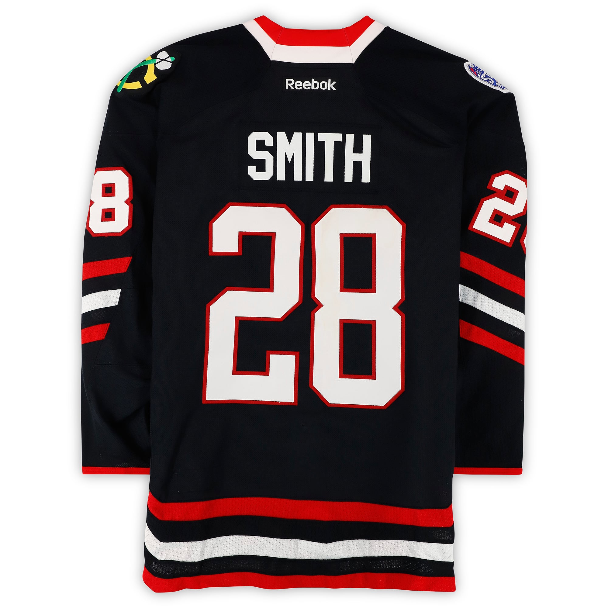 Ben Smith Chicago Blackhawks Practice-Used #28 Black Jersey vs. Pittsburgh Penguins on March 1, 2014