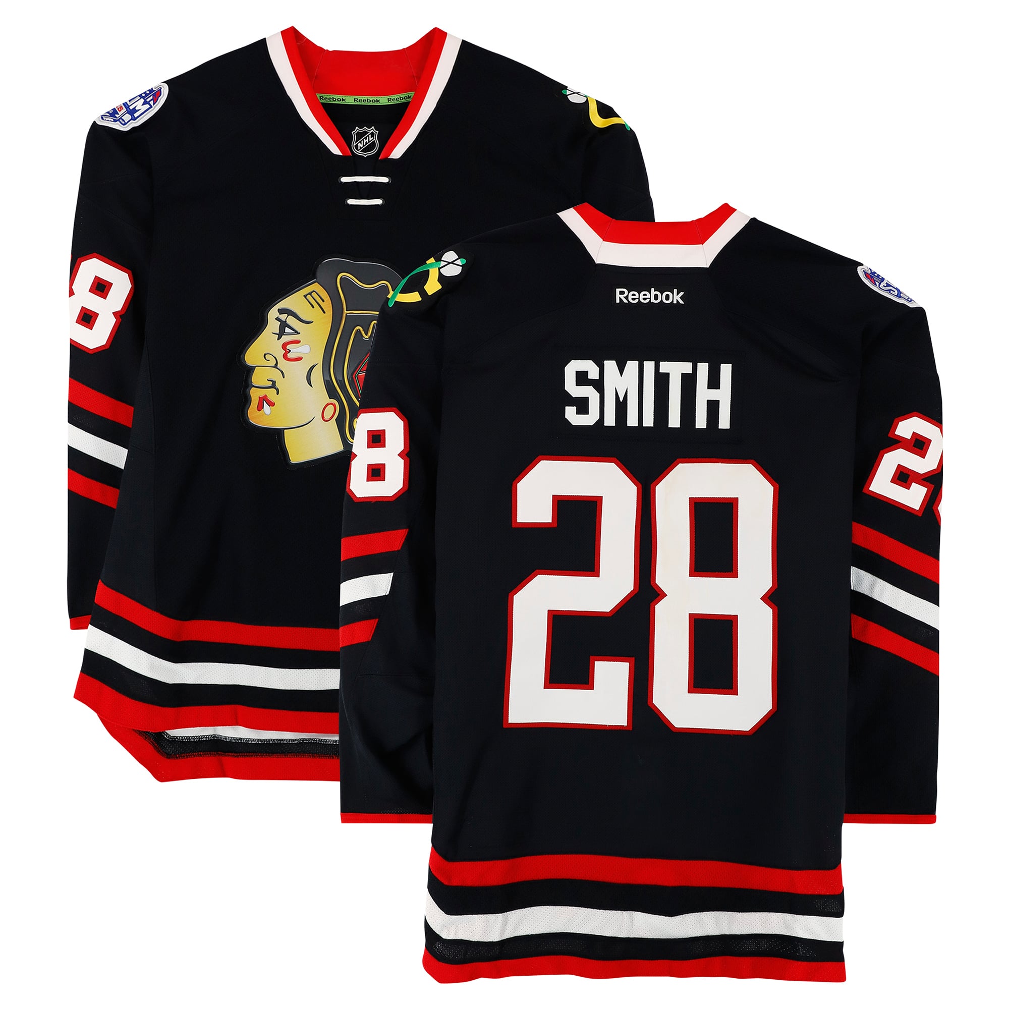 Ben Smith Chicago Blackhawks Practice-Used #28 Black Jersey vs. Pittsburgh Penguins on March 1, 2014