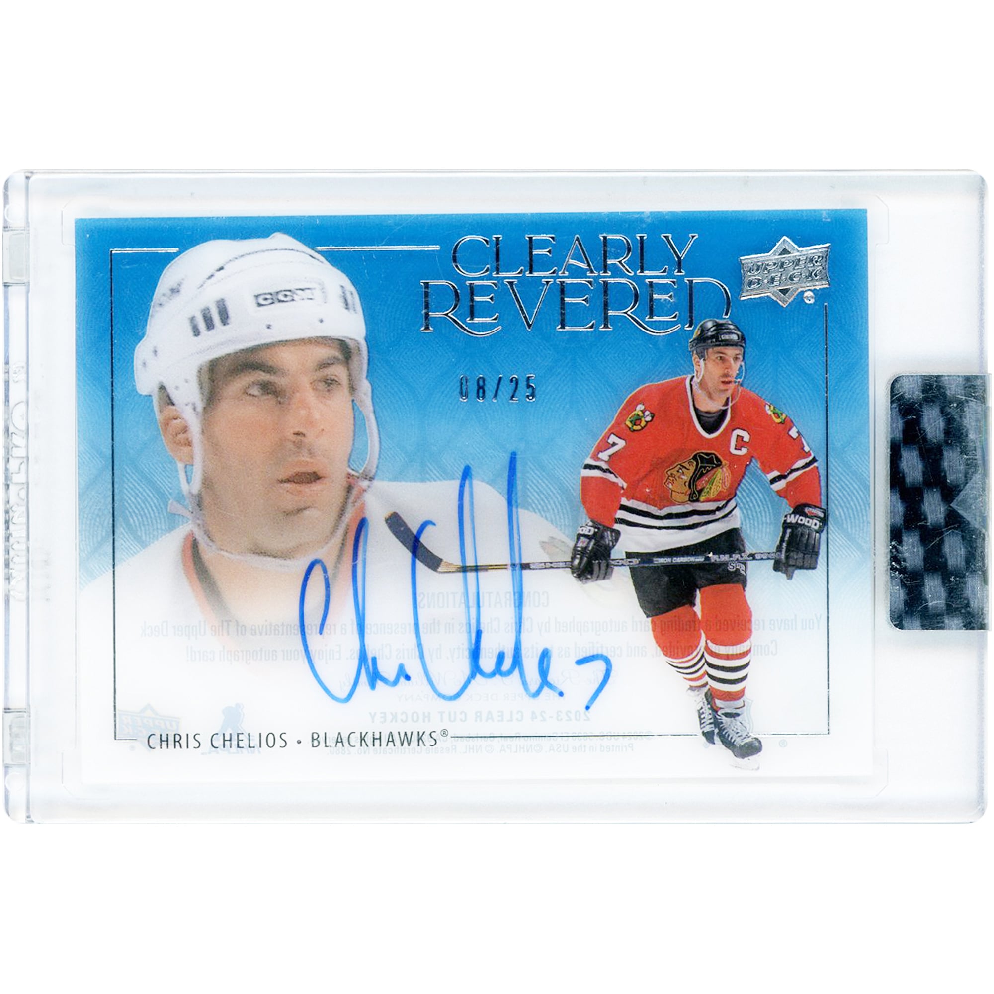 Carte autographiée de Chris Chelios (Blackhawks de Chicago) 2023-24 Upper Deck Clear Cut Clearly Revered Blue #CR-CC #8/25