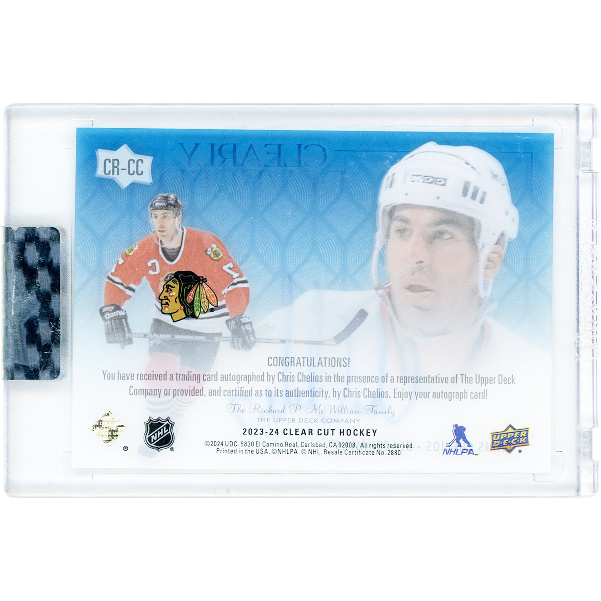 Carte autographiée de Chris Chelios (Blackhawks de Chicago) 2023-24 Upper Deck Clear Cut Clearly Revered Blue #CR-CC #8/25