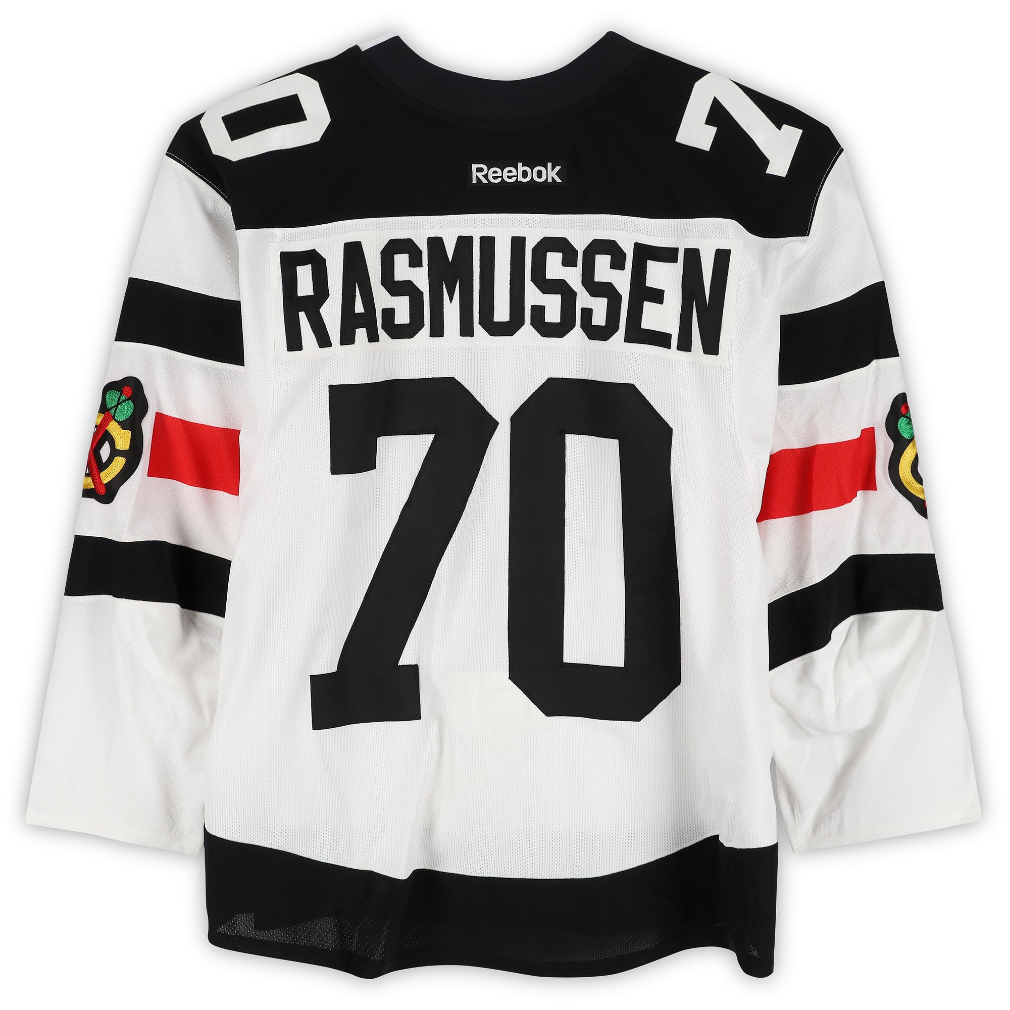 Dennis Rasmussen Chicago Blackhawks Practice-Used #70 White Jersey vs. Minnesota Wild on February 21, 2016