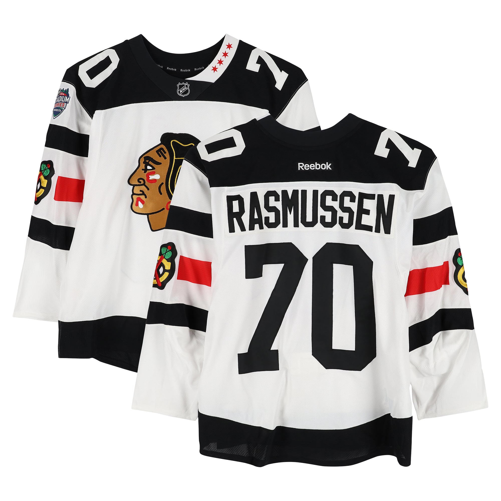 Dennis Rasmussen Chicago Blackhawks Practice-Used #70 White Jersey vs. Minnesota Wild on February 21, 2016