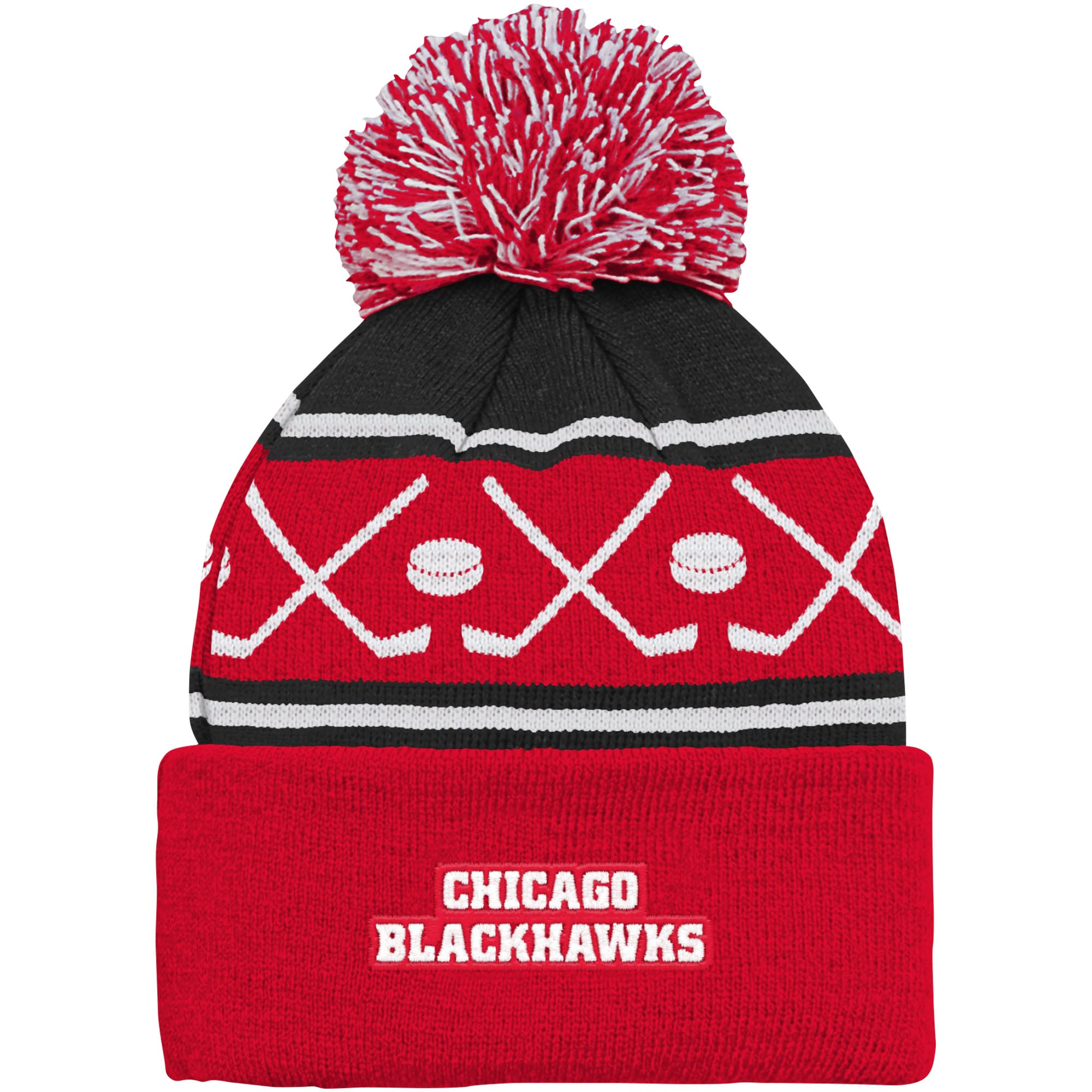 Bonnet en tricot à revers Face-Off des Blackhawks de Chicago rouge pour bébé avec pompon