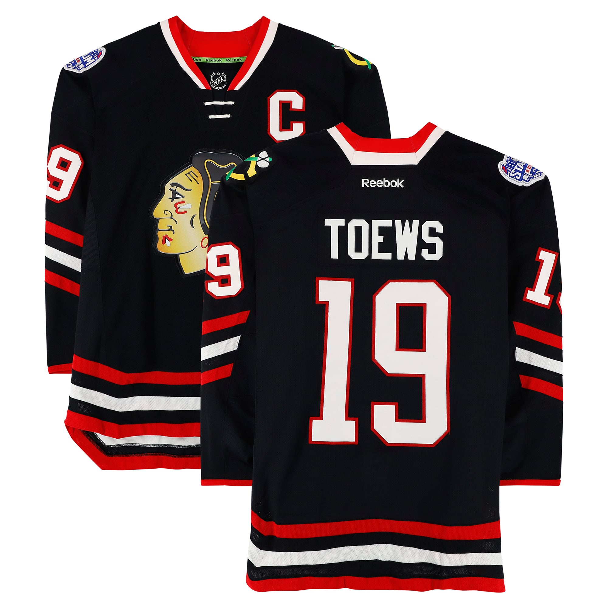 Jonathan Toews Chicago Blackhawks Practice-Used #19 Black Jersey vs. Pittsburgh Penguins on March 1, 2014
