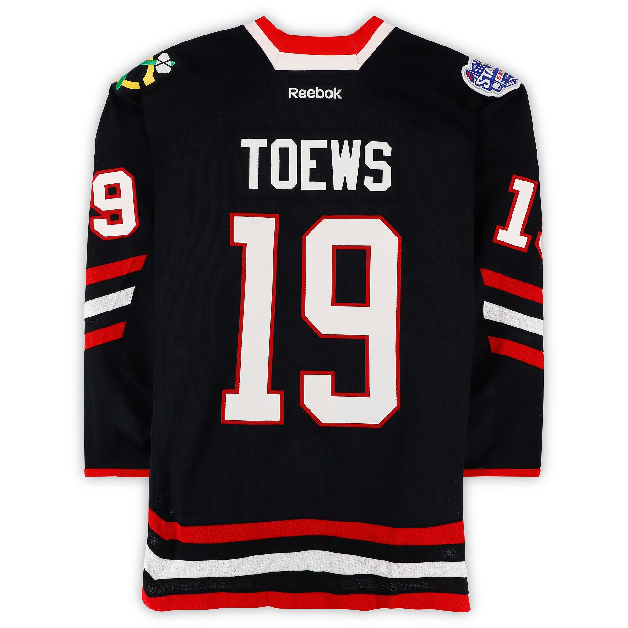 Jonathan Toews Chicago Blackhawks Practice-Used #19 Black Jersey vs. Pittsburgh Penguins on March 1, 2014