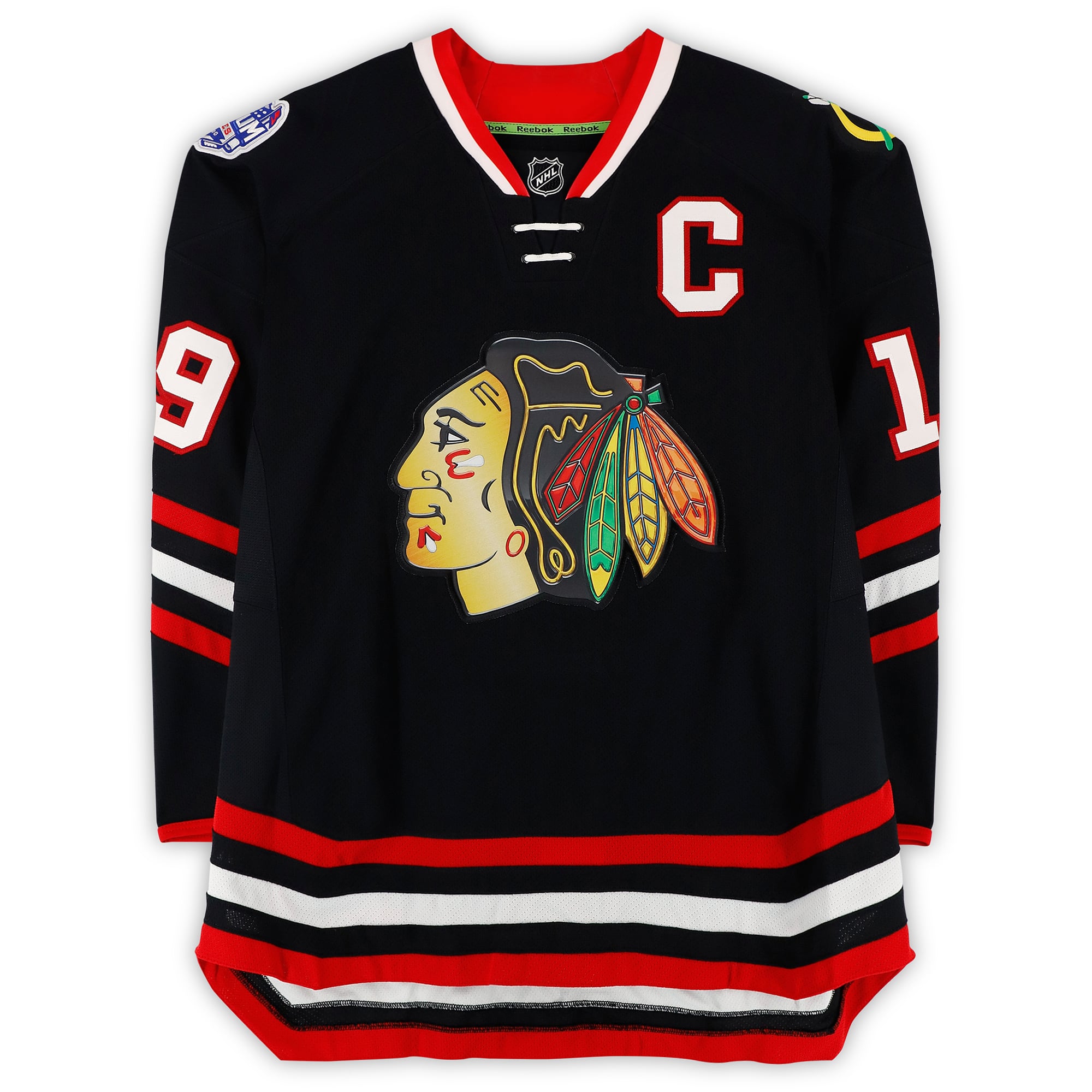 Jonathan Toews Chicago Blackhawks Practice-Used #19 Black Jersey vs. Pittsburgh Penguins on March 1, 2014