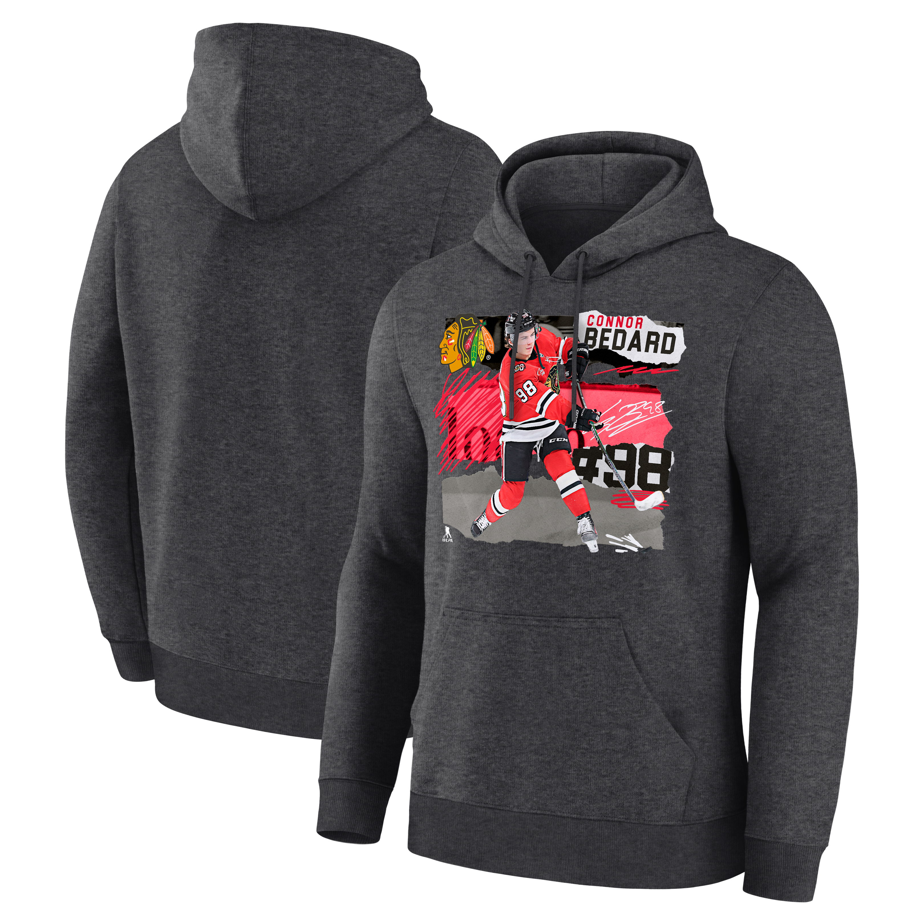 Sweat à capuche Fresh Ice Connor Bedard gris anthracite pour homme, Chicago Blackhawks