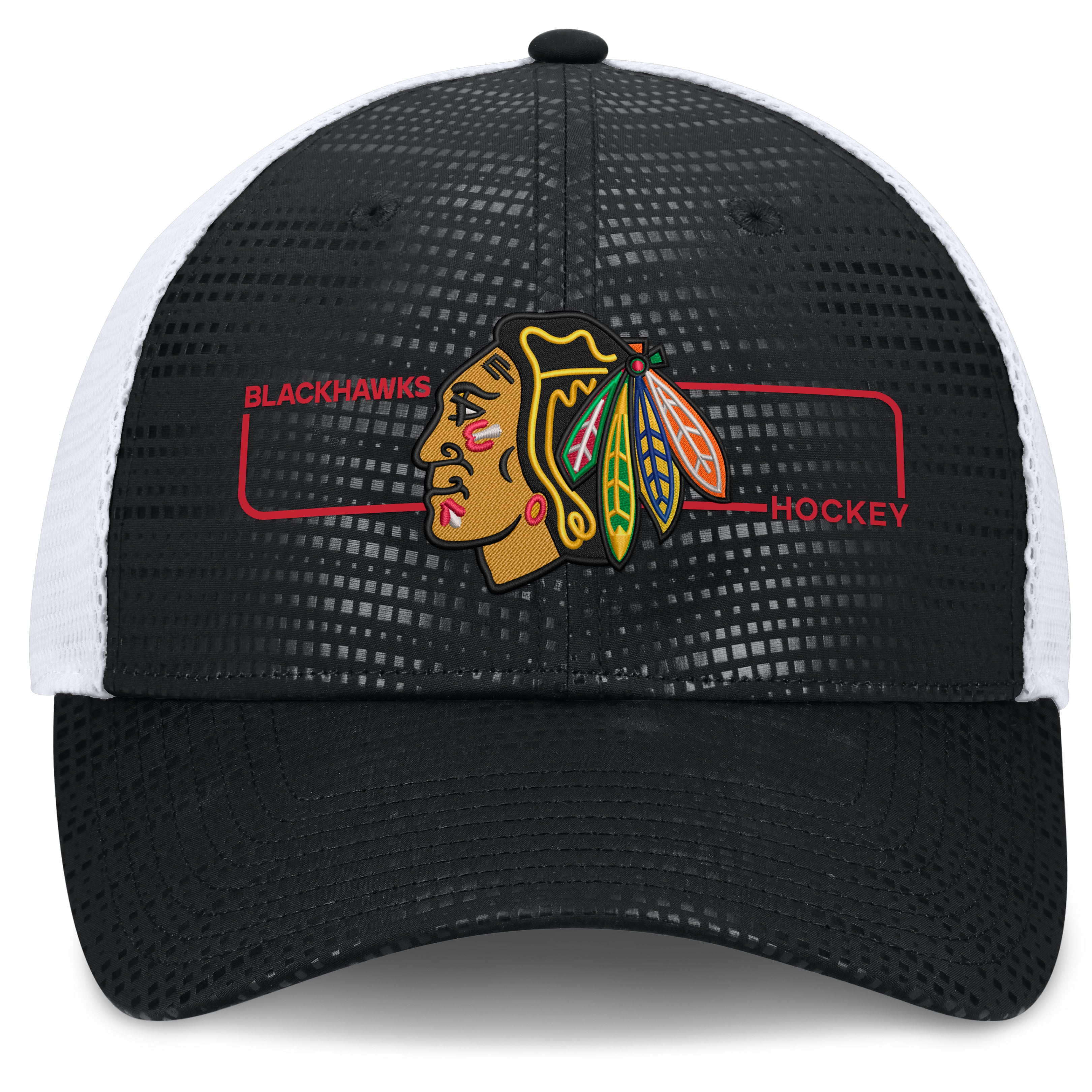 Men's Fanatics Black Chicago Blackhawks Authentic Pro Rink Boxed Logo Trucker Hat