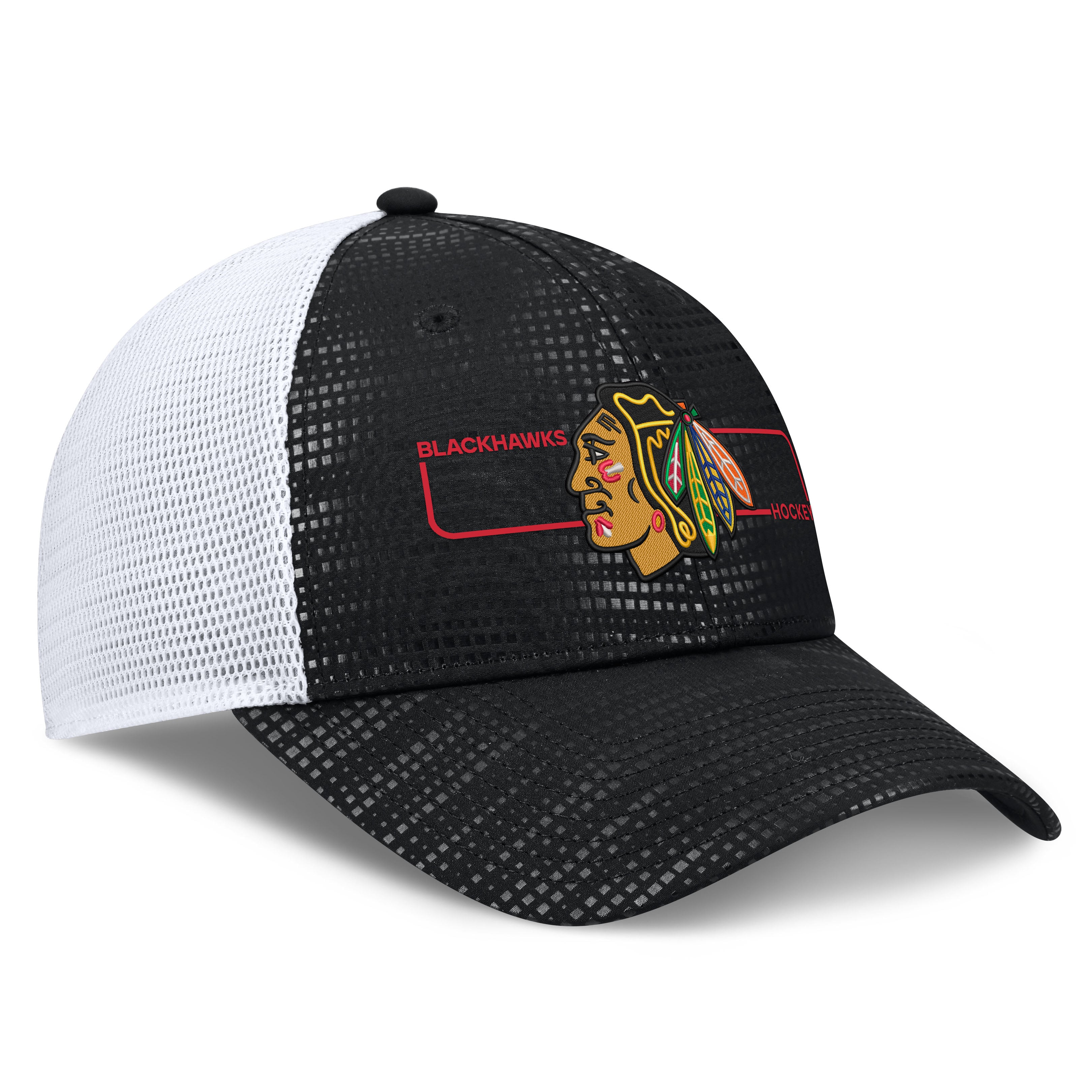 Men's Fanatics Black Chicago Blackhawks Authentic Pro Rink Boxed Logo Trucker Hat