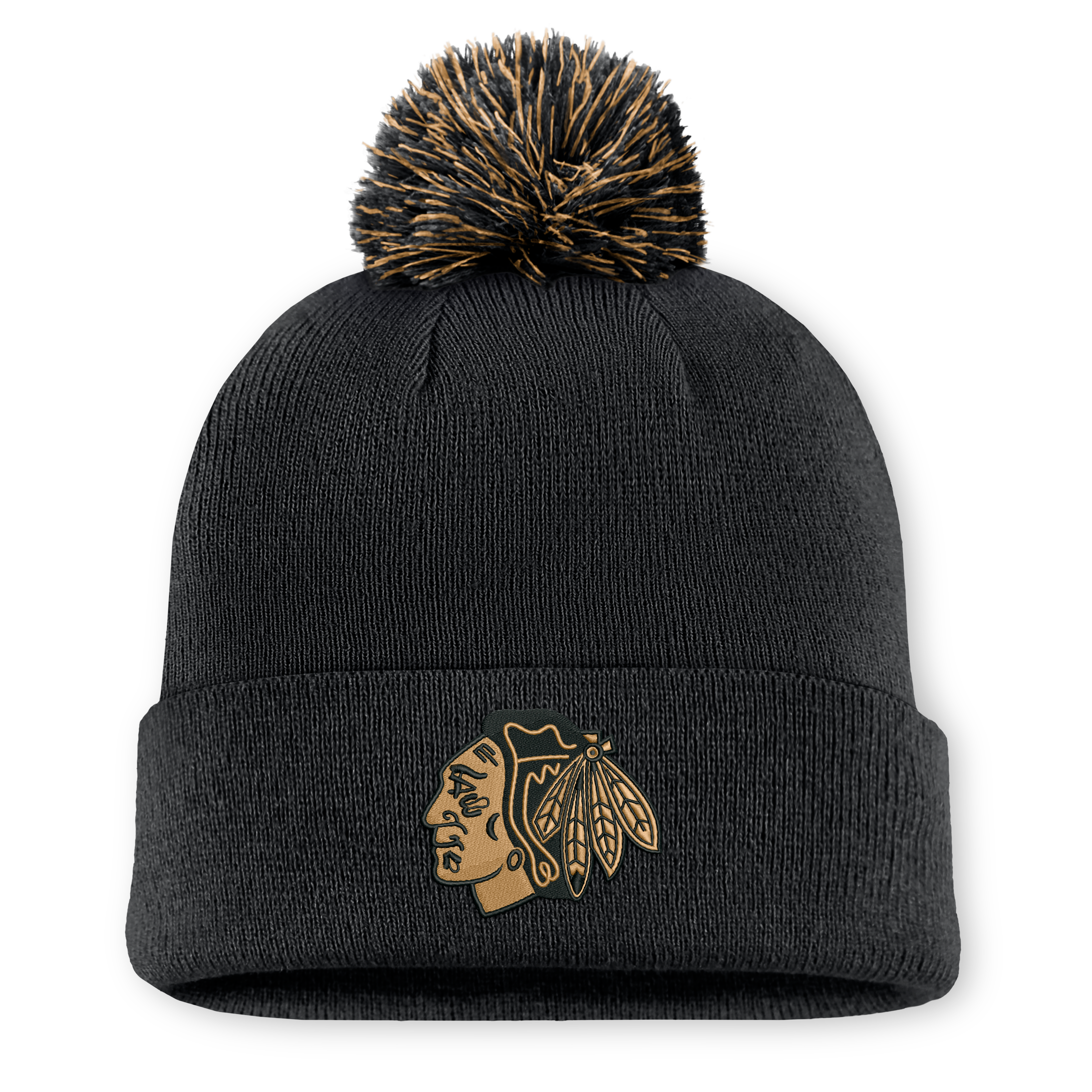 Bonnet tricoté authentique à revers avec pompon, orné d'un pompon, de la collection Chicago Blackhawks Military Appreciation de Fanatics Black pour homme