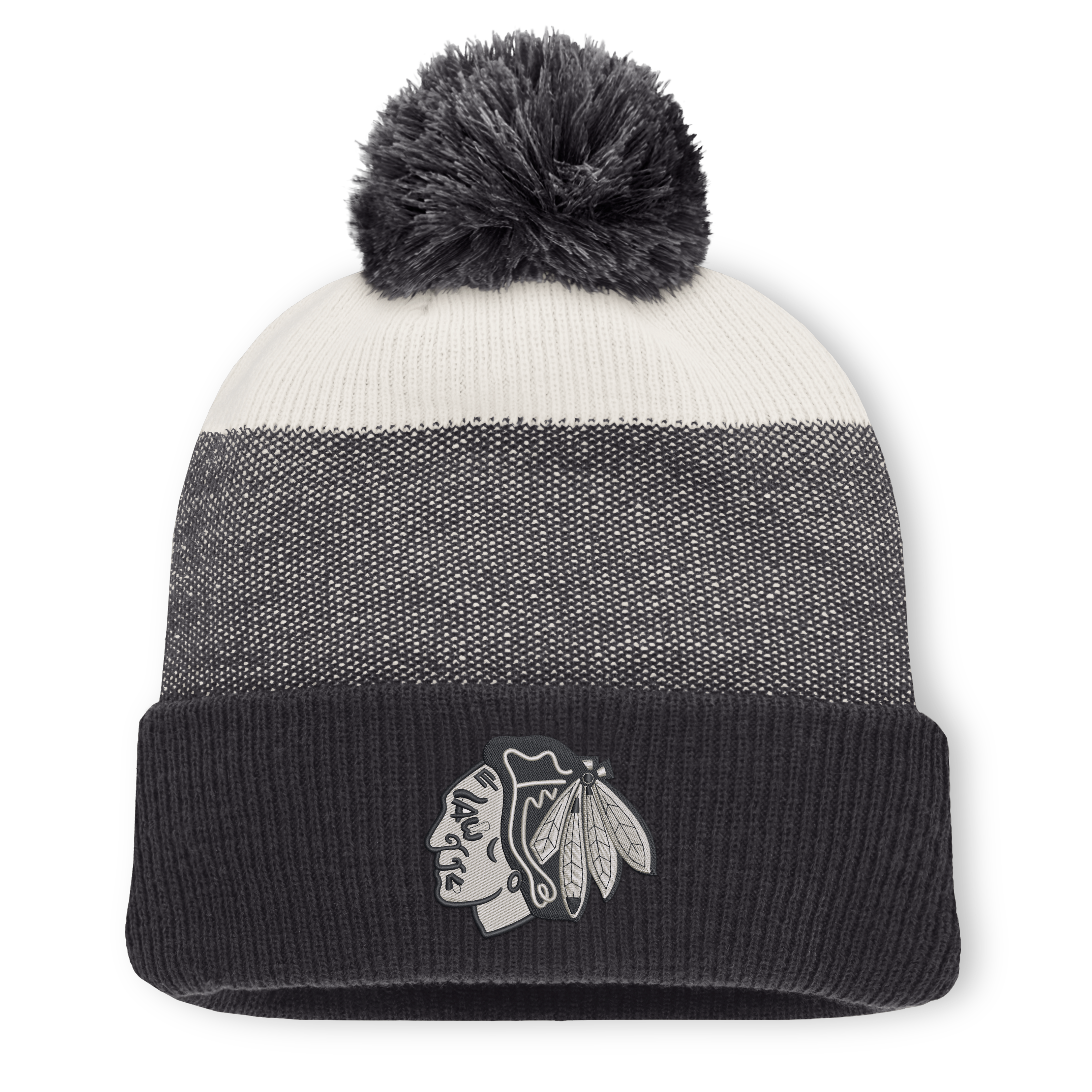 Men's Fanatics Black/Light Beige Chicago Blackhawks Monochrome Cuffed Knit Hat with Pom