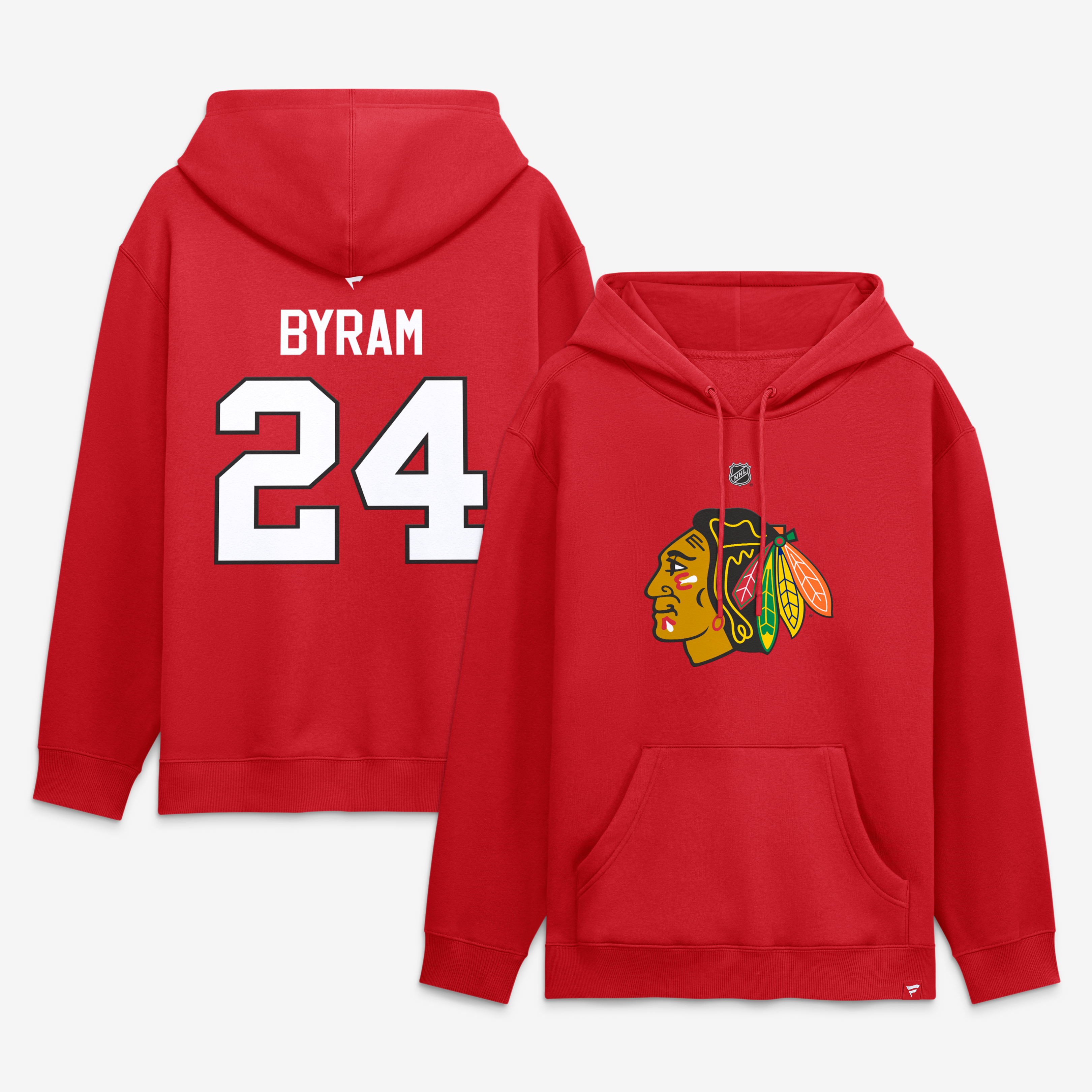 Sweat à capuche authentique Fanatics Bowen Byram rouge Chicago Blackhawks pour homme, avec nom et numéro.