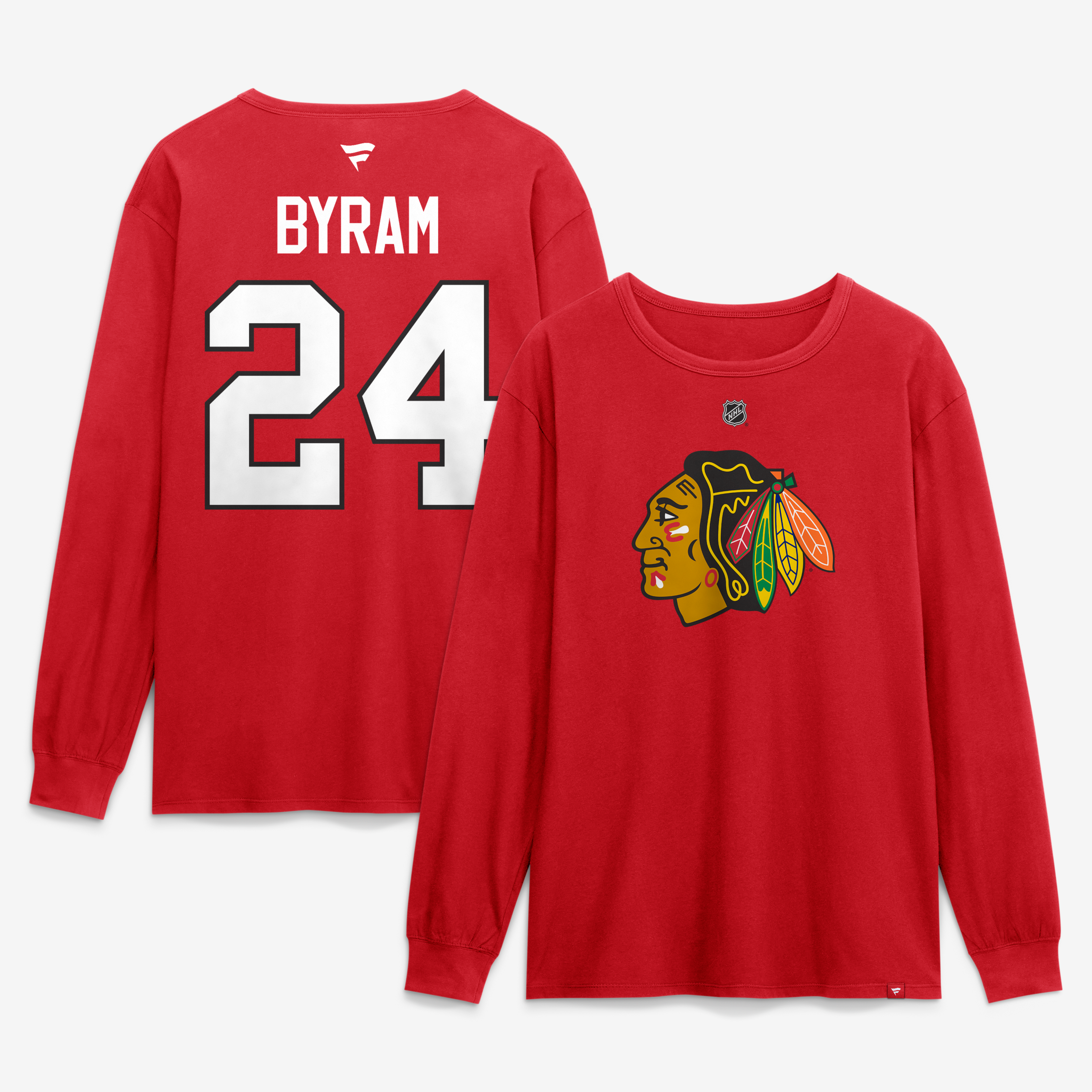 T-shirt à manches longues authentique Fanatics Bowen Byram rouge Chicago Blackhawks pour homme, avec nom et numéro superposés