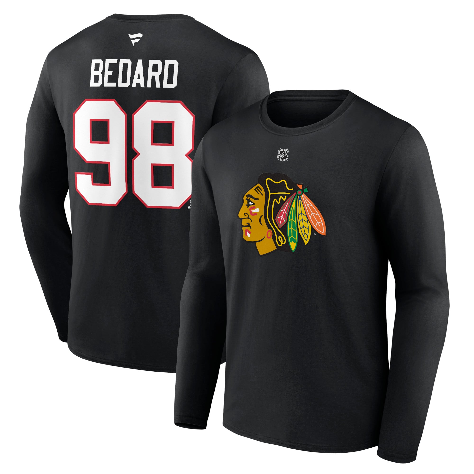 T-shirt à manches longues authentique Fanatics Connor Bedard Blackhawks de Chicago, noir, avec nom et numéro superposés