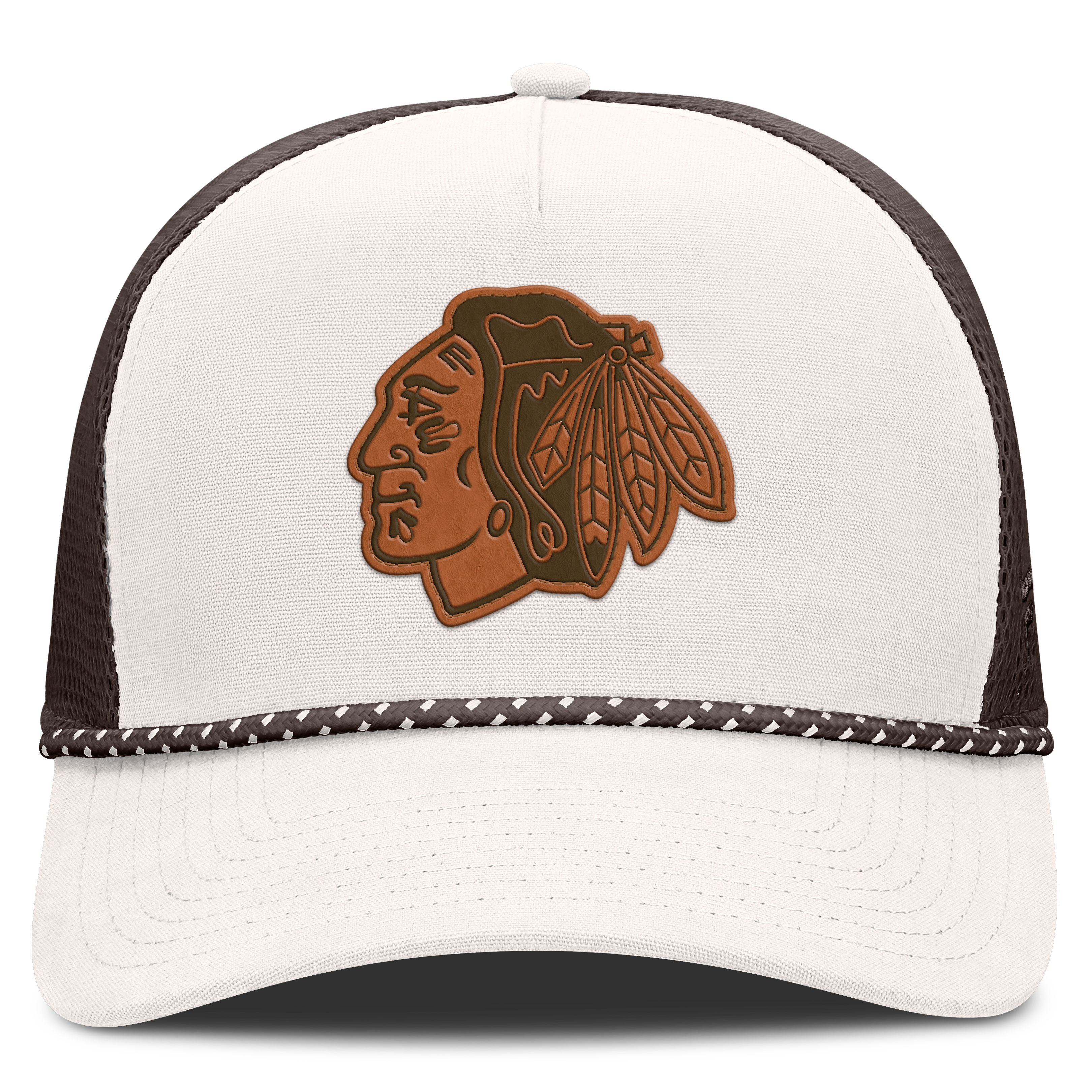 Men's Fanatics Cream/Brown Chicago Blackhawks Level Up Bronco Rope A-Frame Trucker Adjustable Hat