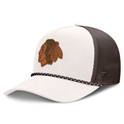  Chicago Blackhawks Fanatics Level Up Bronco Rope A-Frame Trucker Adjustable Hat - Cream/Brown