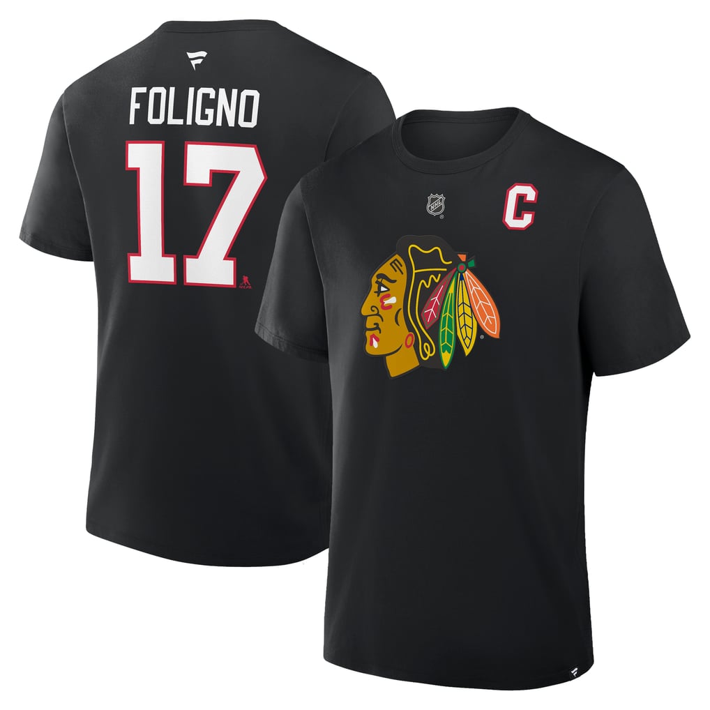 T-shirt authentique noir à accumulation de nom et numéro Nick Foligno des Blackhawks de Chicago pour hommes (Fanatics)