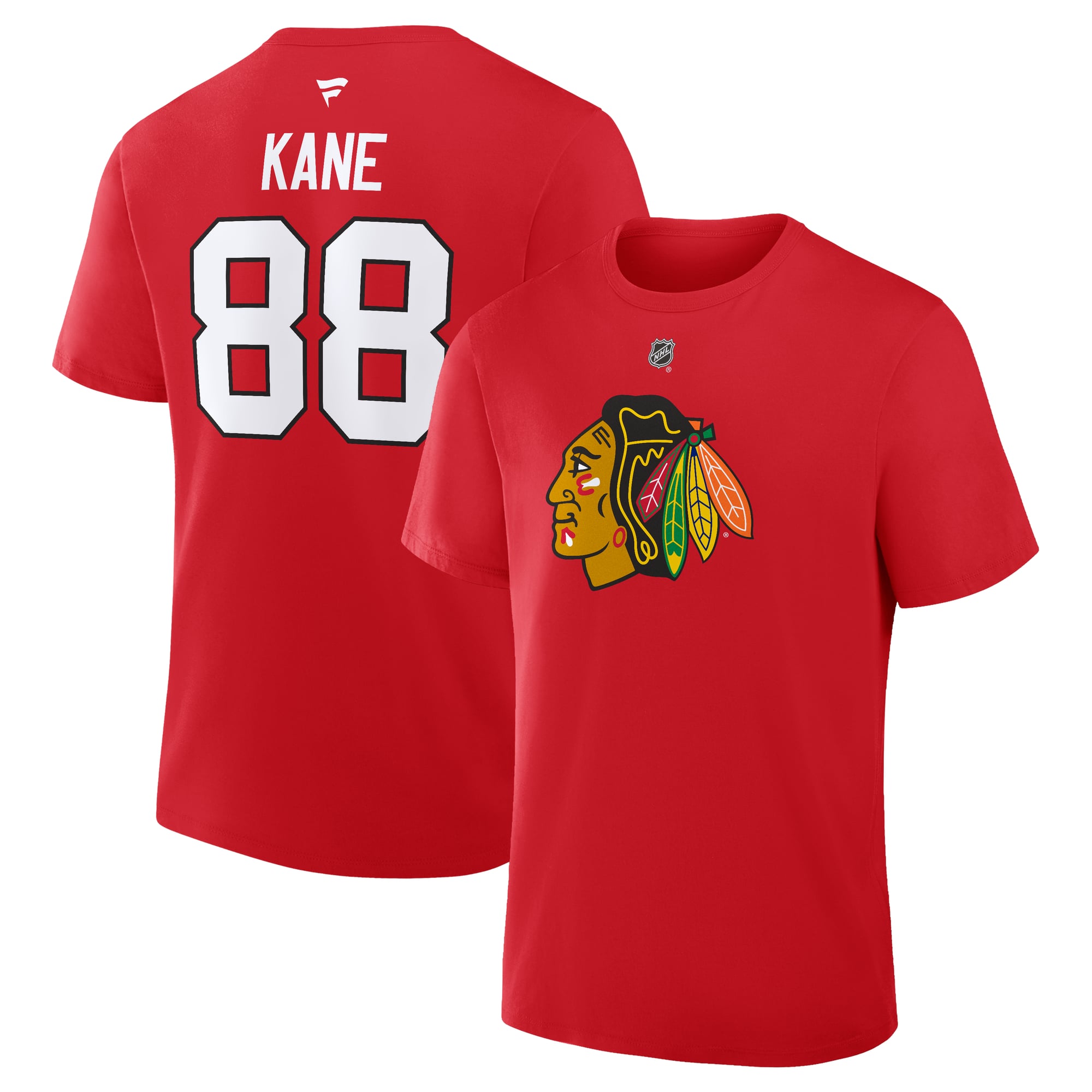 T-shirt authentique Fanatics Patrick Kane rouge Chicago Blackhawks pour homme, avec nom et numéro superposés