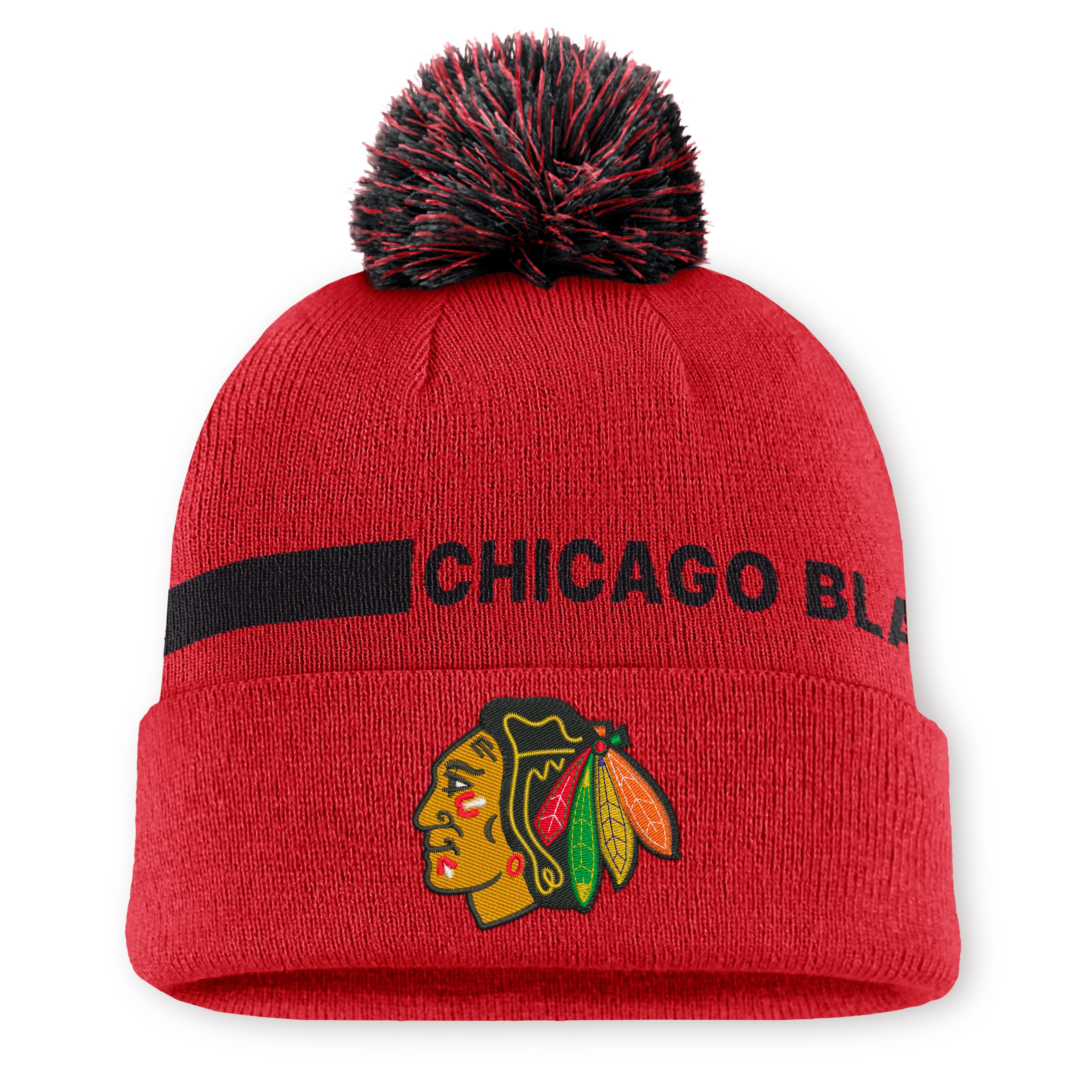 Bonnet tricoté à revers avec pompon, authentique Chicago Blackhawks rouge Fanatics pour homme