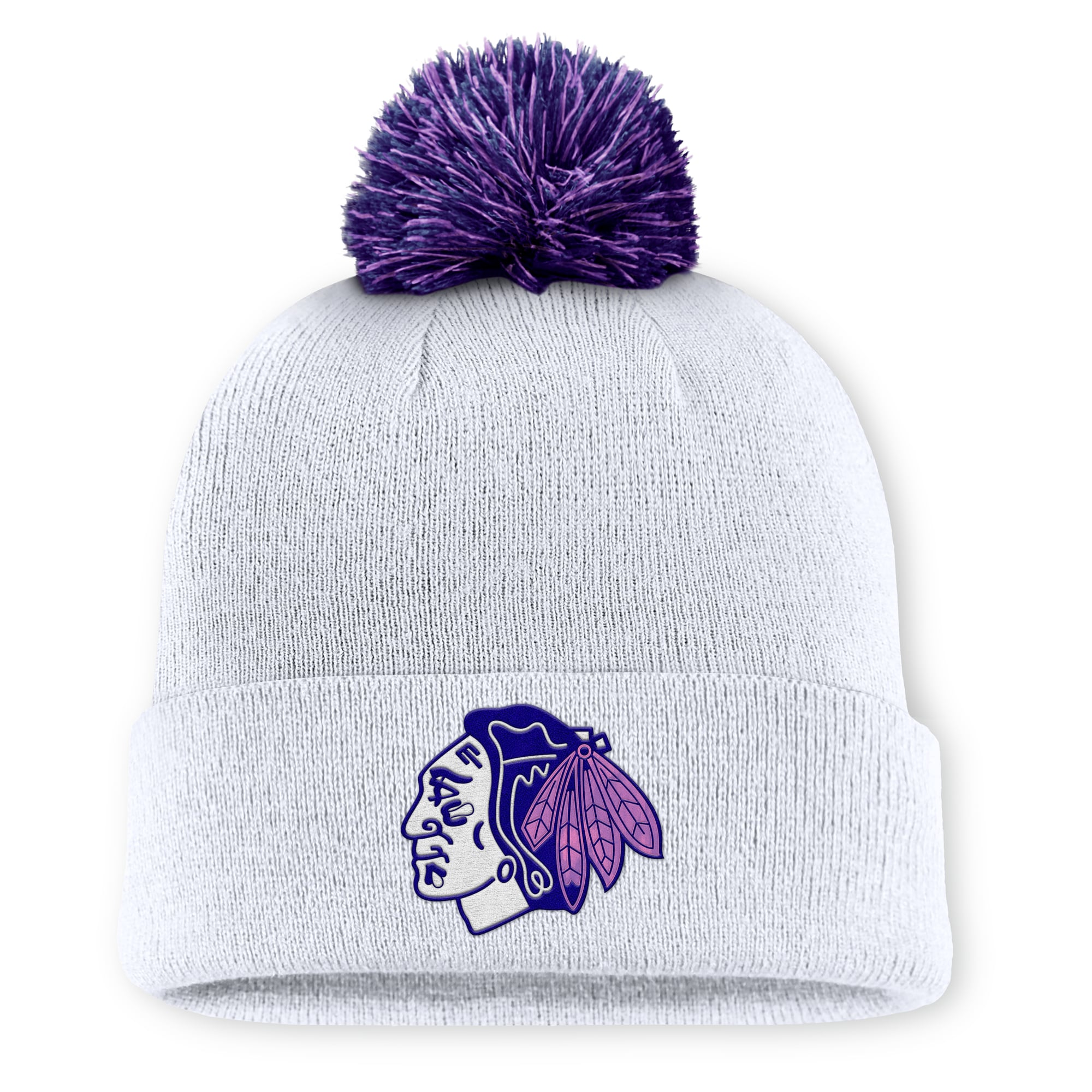 Men's Fanatics White Chicago Blackhawks Authentic Pro Hockey Fights Cancer Cuffed Knit Hat with Pom