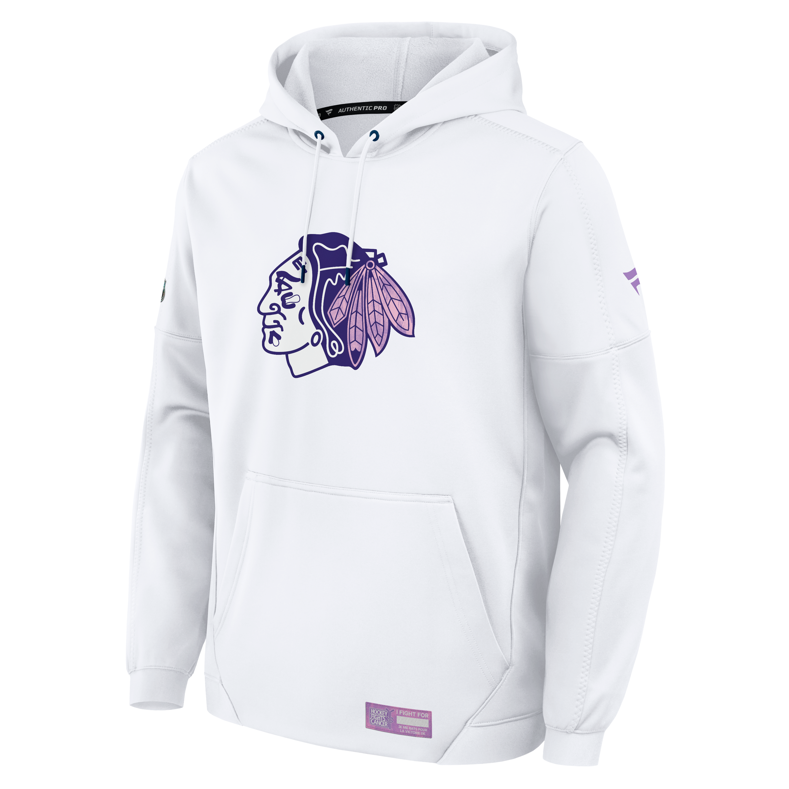 Sweat à capuche polaire authentique Fanatics Blackhawks de Chicago, blanc, pour homme, avec logo Pro Hockey Fights Cancer.