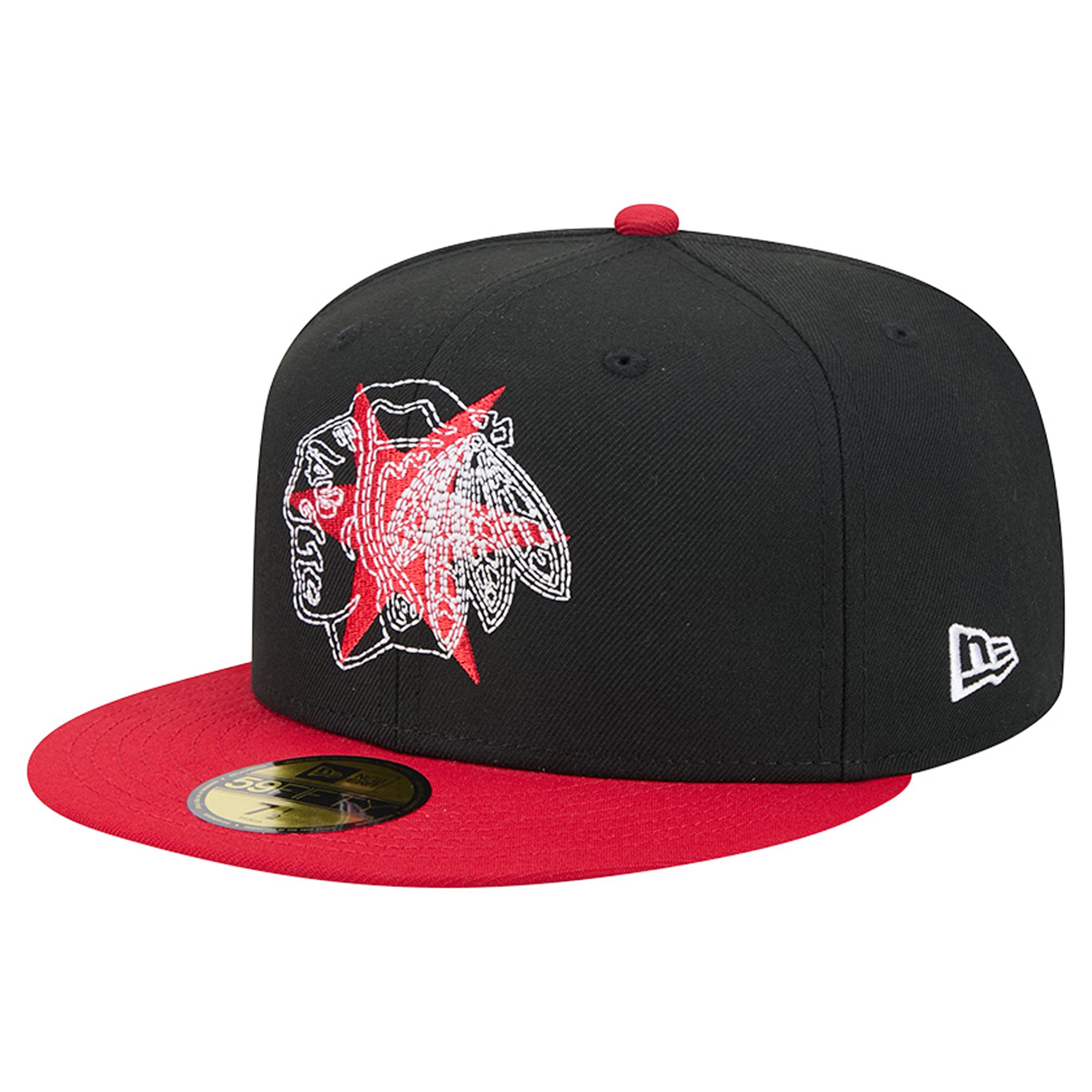 Casquette ajustée New Era 59FIFTY pour homme, noire et rouge, avec logo des Blackhawks de Chicago surpiqûres décoratives.