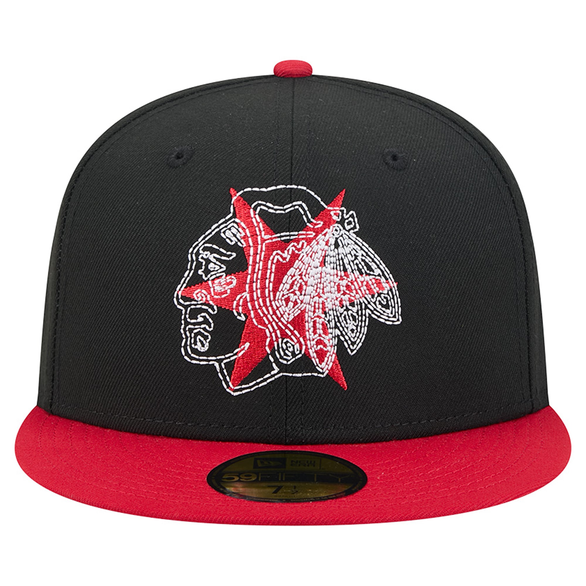 Casquette ajustée New Era 59FIFTY pour homme, noire et rouge, avec logo des Blackhawks de Chicago surpiqûres décoratives.