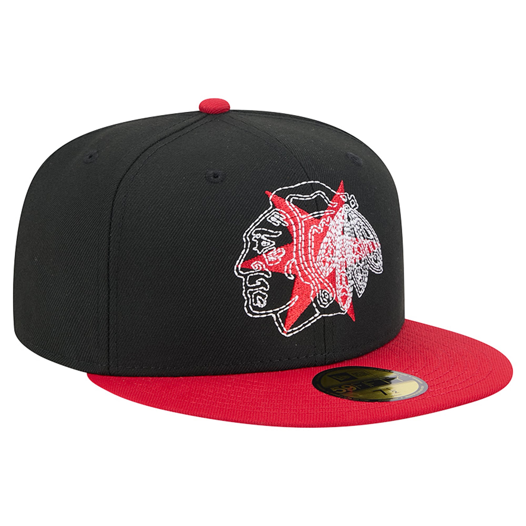 Casquette ajustée New Era 59FIFTY pour homme, noire et rouge, avec logo des Blackhawks de Chicago surpiqûres décoratives.