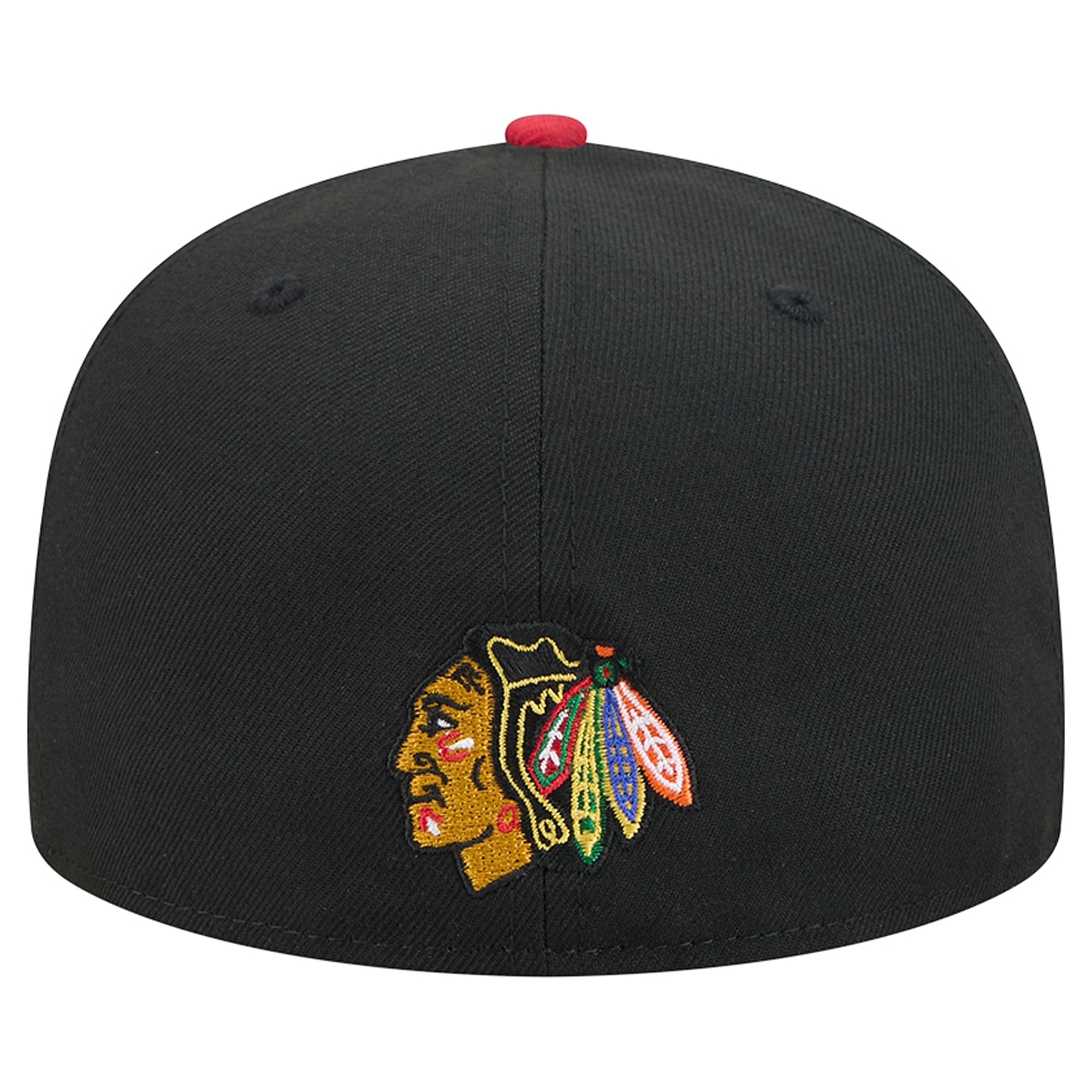 Casquette ajustée New Era 59FIFTY pour homme, noire et rouge, avec logo des Blackhawks de Chicago surpiqûres décoratives.
