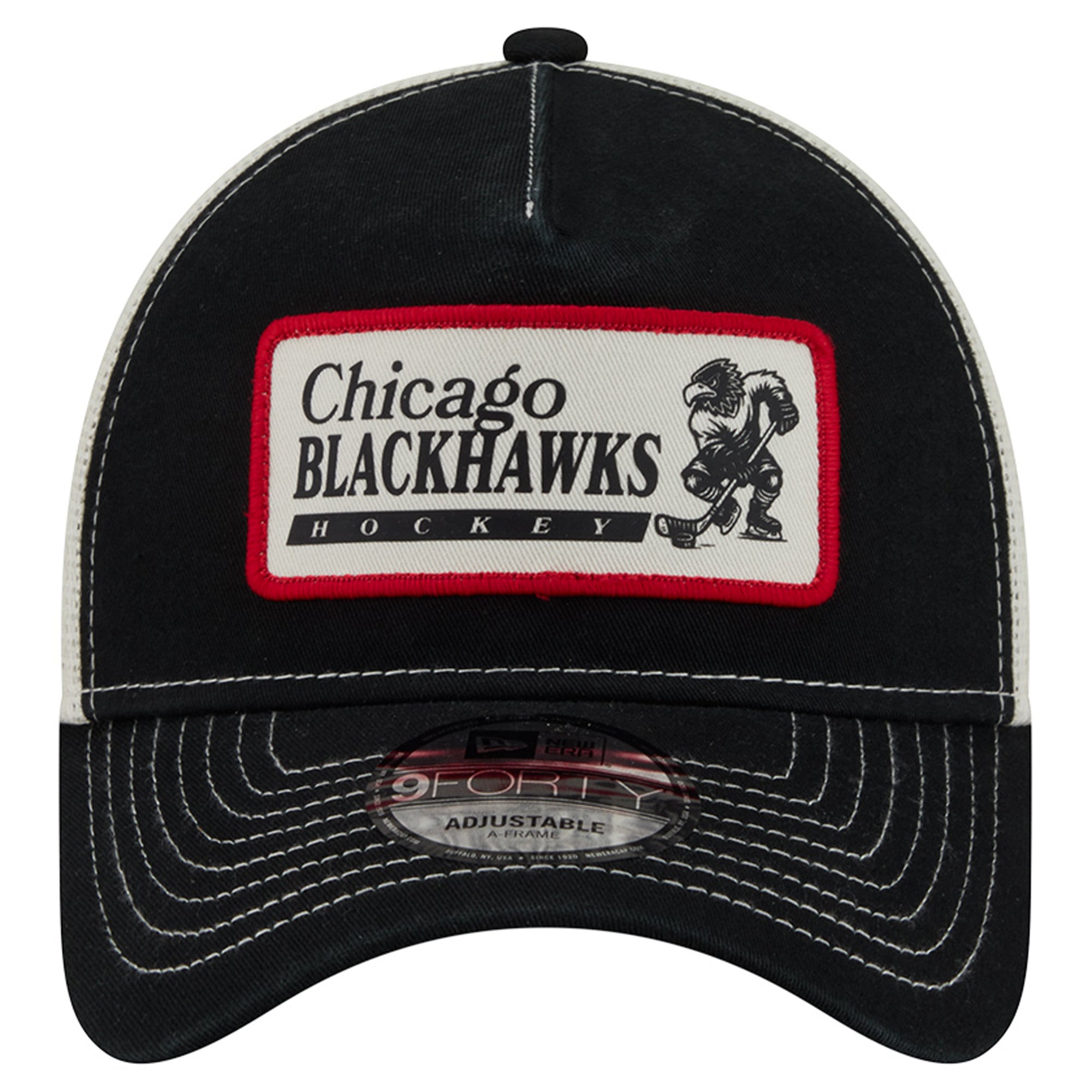 Men's New Era Black/White Chicago Blackhawks Skater Patch A-Frame 9FORTY Adjustable Trucker Hat