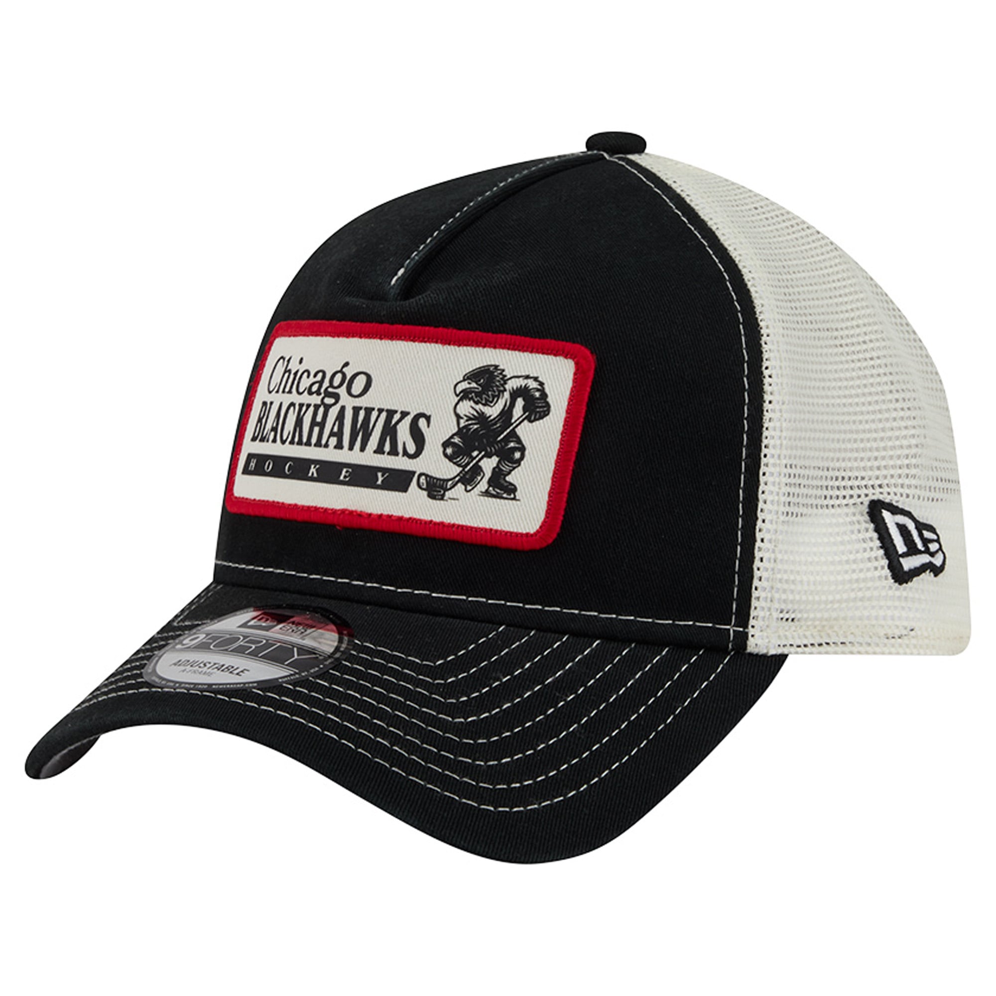 Men's New Era Black/White Chicago Blackhawks Skater Patch A-Frame 9FORTY Adjustable Trucker Hat