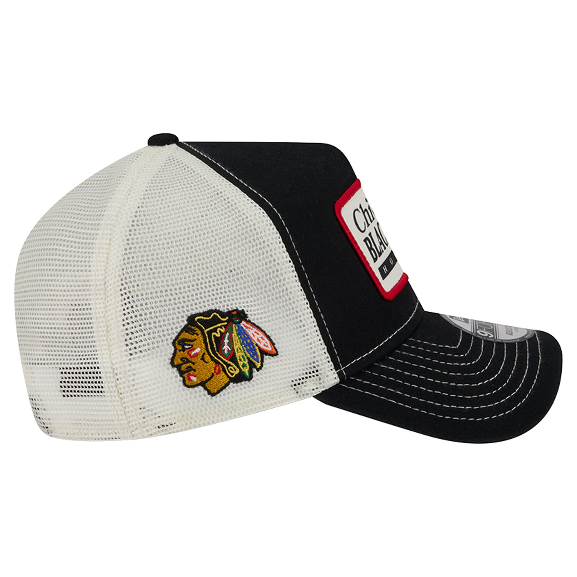 Men's New Era Black/White Chicago Blackhawks Skater Patch A-Frame 9FORTY Adjustable Trucker Hat