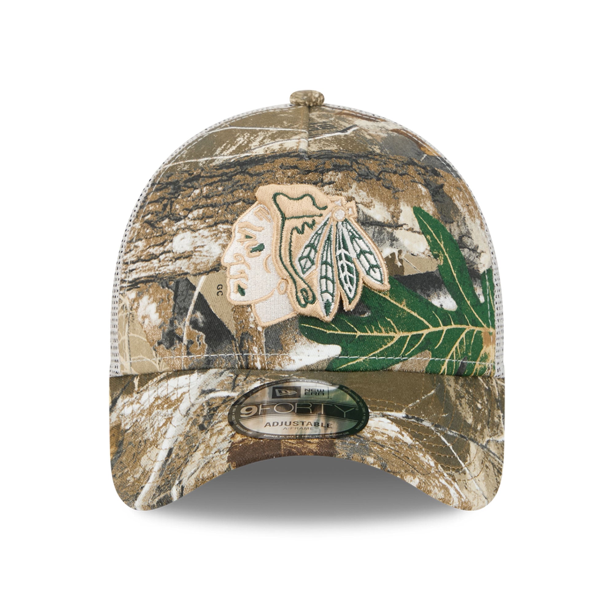 Casquette trucker ajustable New Era 9FORTY camouflage Chicago Blackhawks Real Tree A-Frame pour homme